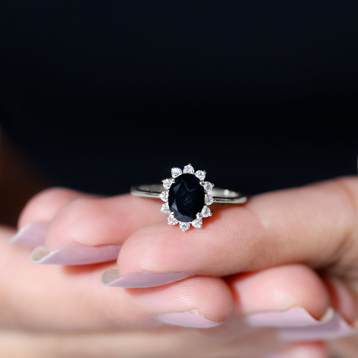 Oval Cut Real Black Onyx and Diamond Halo Engagement Ring AAA - Rosec Jewels