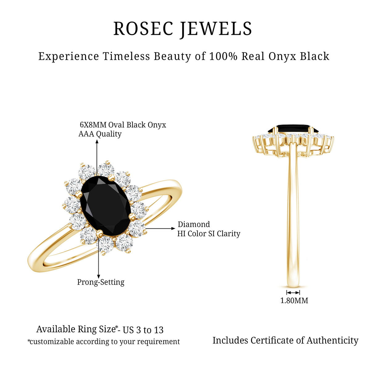 Oval Cut Real Black Onyx and Diamond Halo Engagement Ring AAA - Rosec Jewels