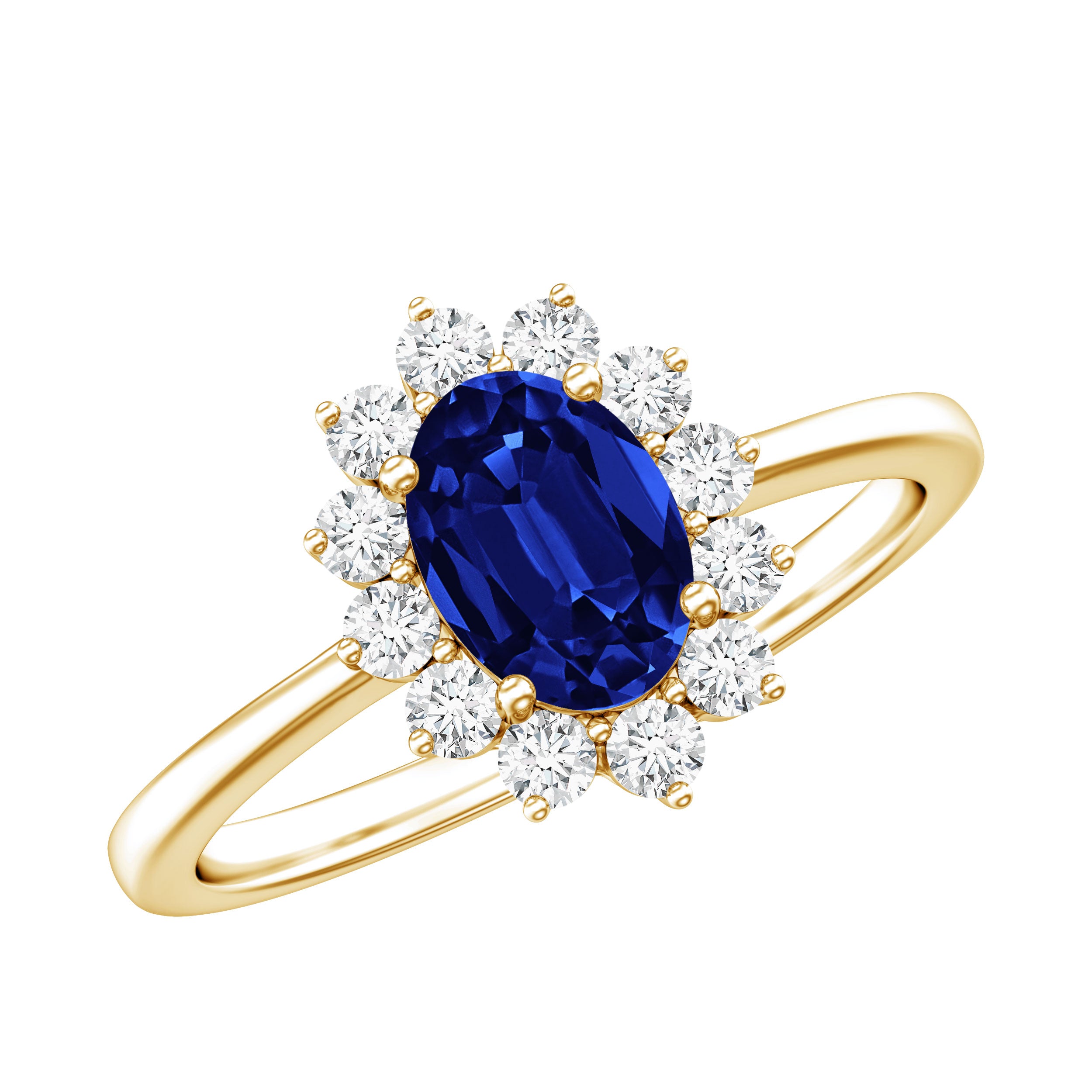 Certified 1 Carat Lab Grown Blue Sapphire Oval Engagement Ring with Diamond Halo AAAA - Rosec Jewels