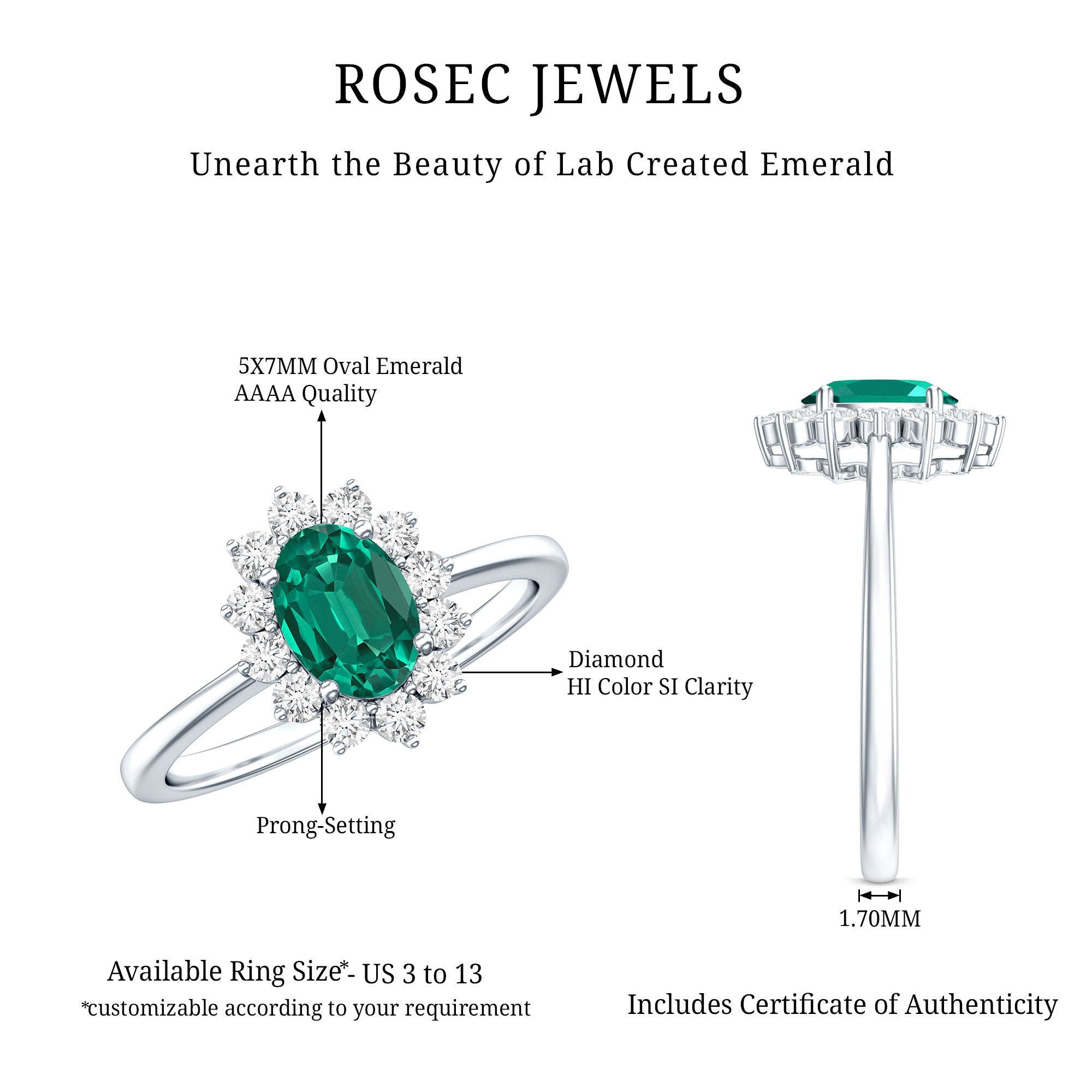 Lab Created Emerald Princess Diana Inspired Engagement Ring with Diamond AAAA - Rosec Jewels