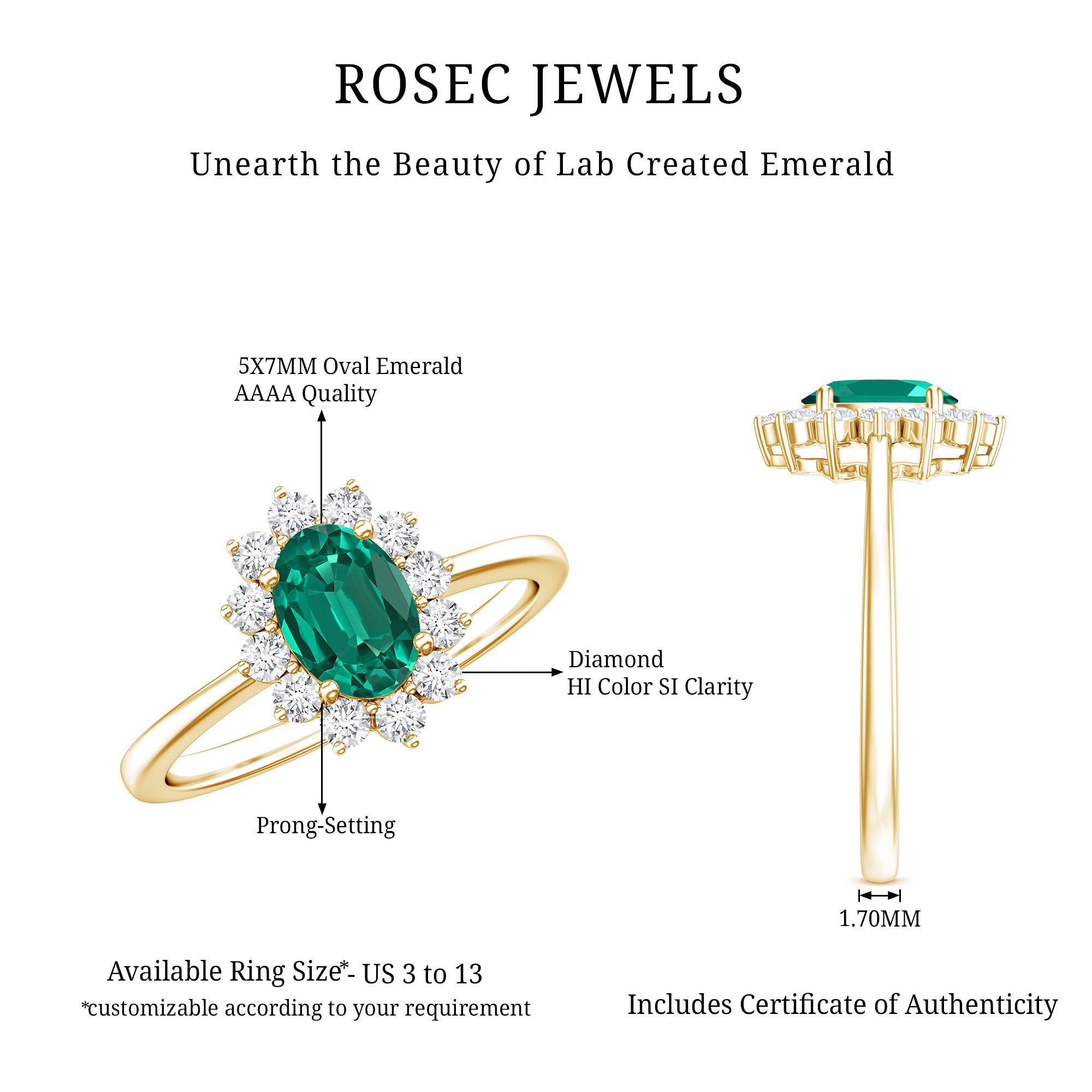 Rosec Jewels-Lab Created Emerald Princess Diana Inspired Engagement Ring with Diamond