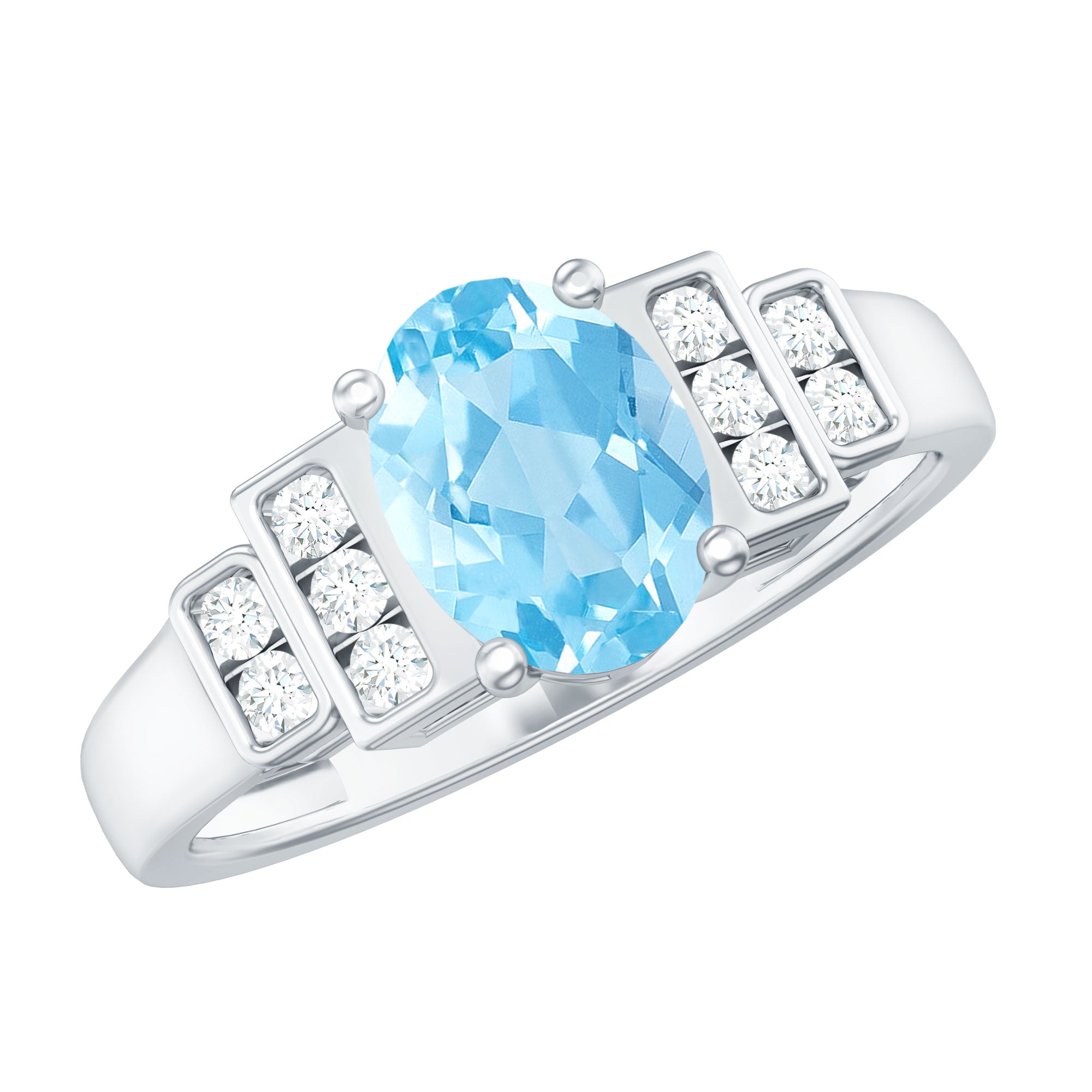 Rosec Jewels-Real 6X8mm Aquamarine Statement Engagement Ring with Diamond
