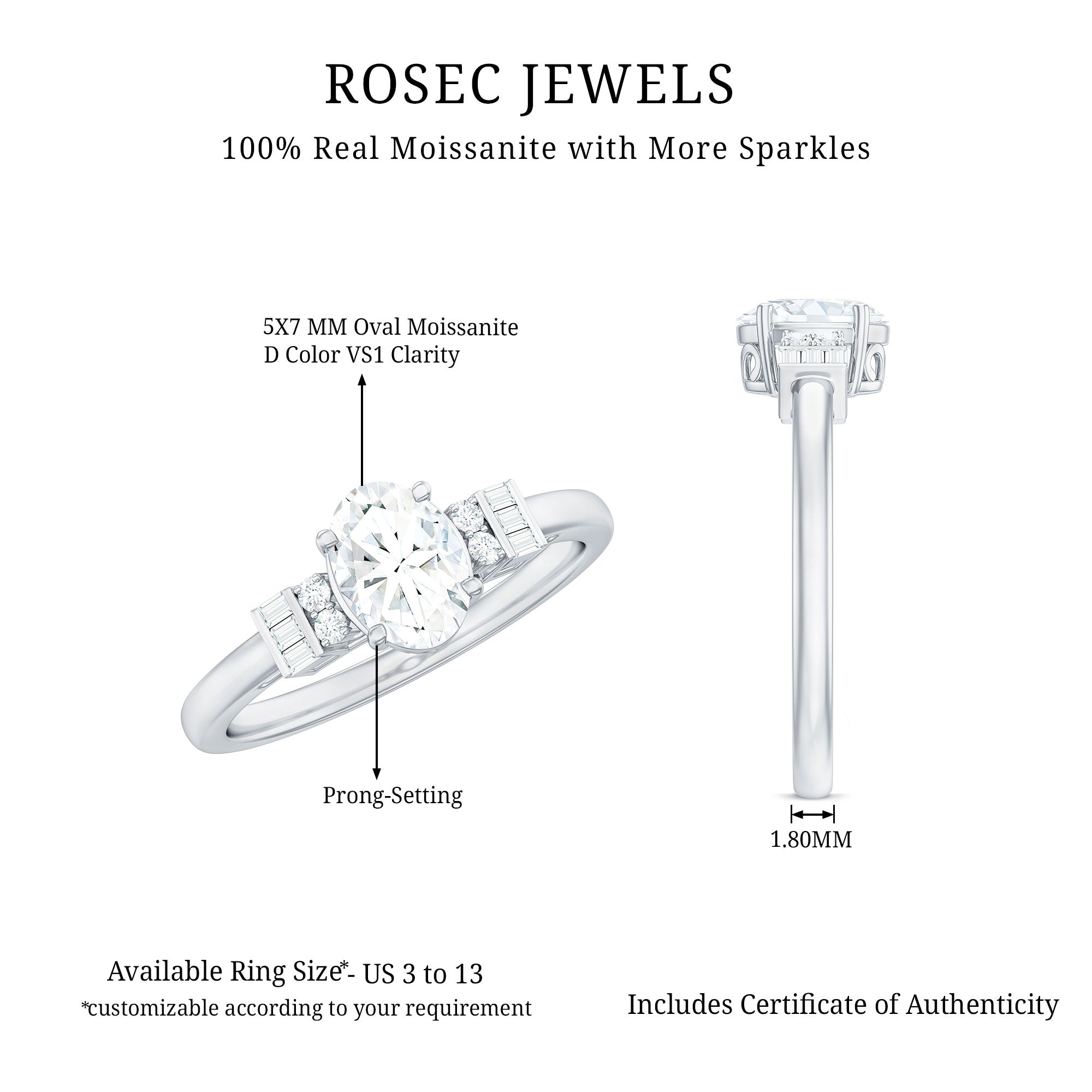 Oval Shaped Moissanite Engagement Ring with Certificate D-VS1 - Rosec Jewels