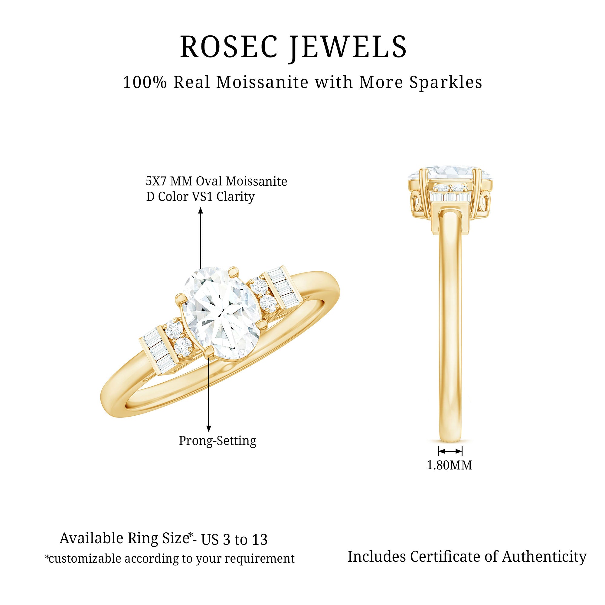 Oval Shaped Moissanite Engagement Ring with Certificate D-VS1 - Rosec Jewels
