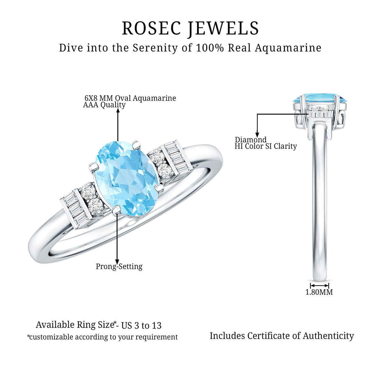 Oval Cut Aquamarine Classic Engagement Ring with Diamond AAA - Rosec Jewels
