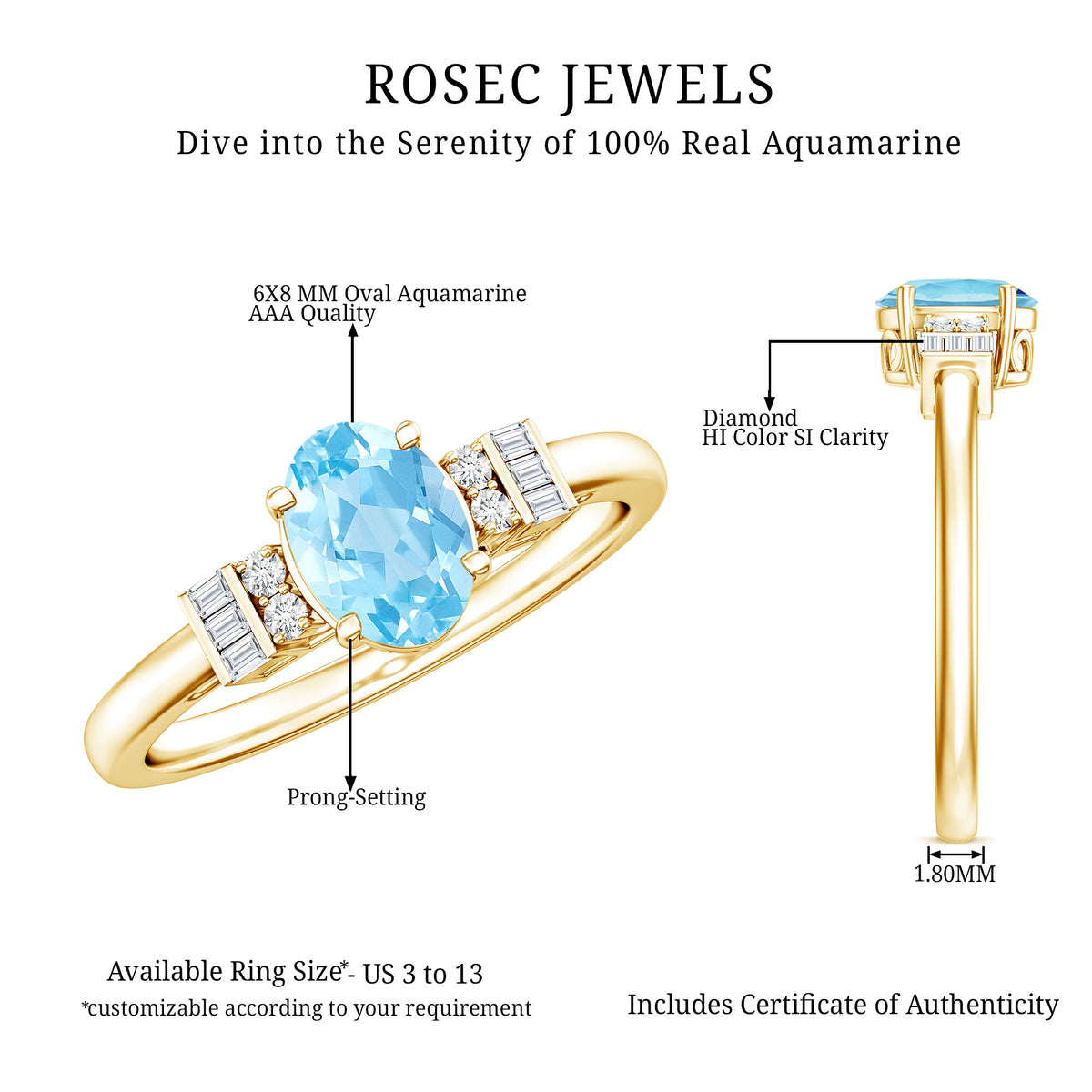 Oval Cut Aquamarine Classic Engagement Ring with Diamond AAA - Rosec Jewels
