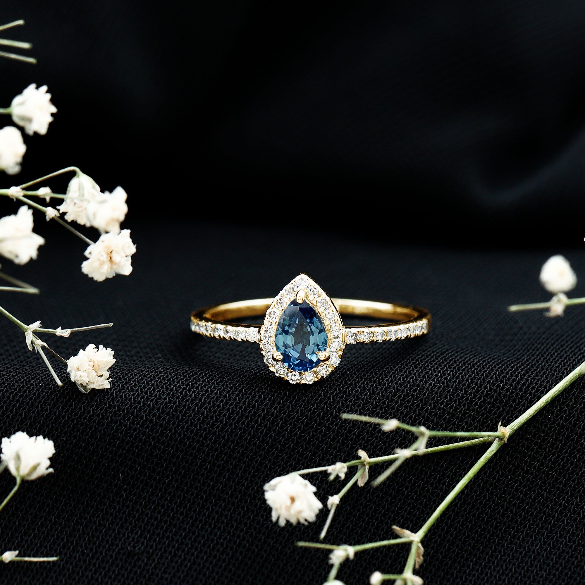 Rosec Jewels-Natural Half Carat Blue Sapphire Teardrop Engagement Ring with Diamond Halo