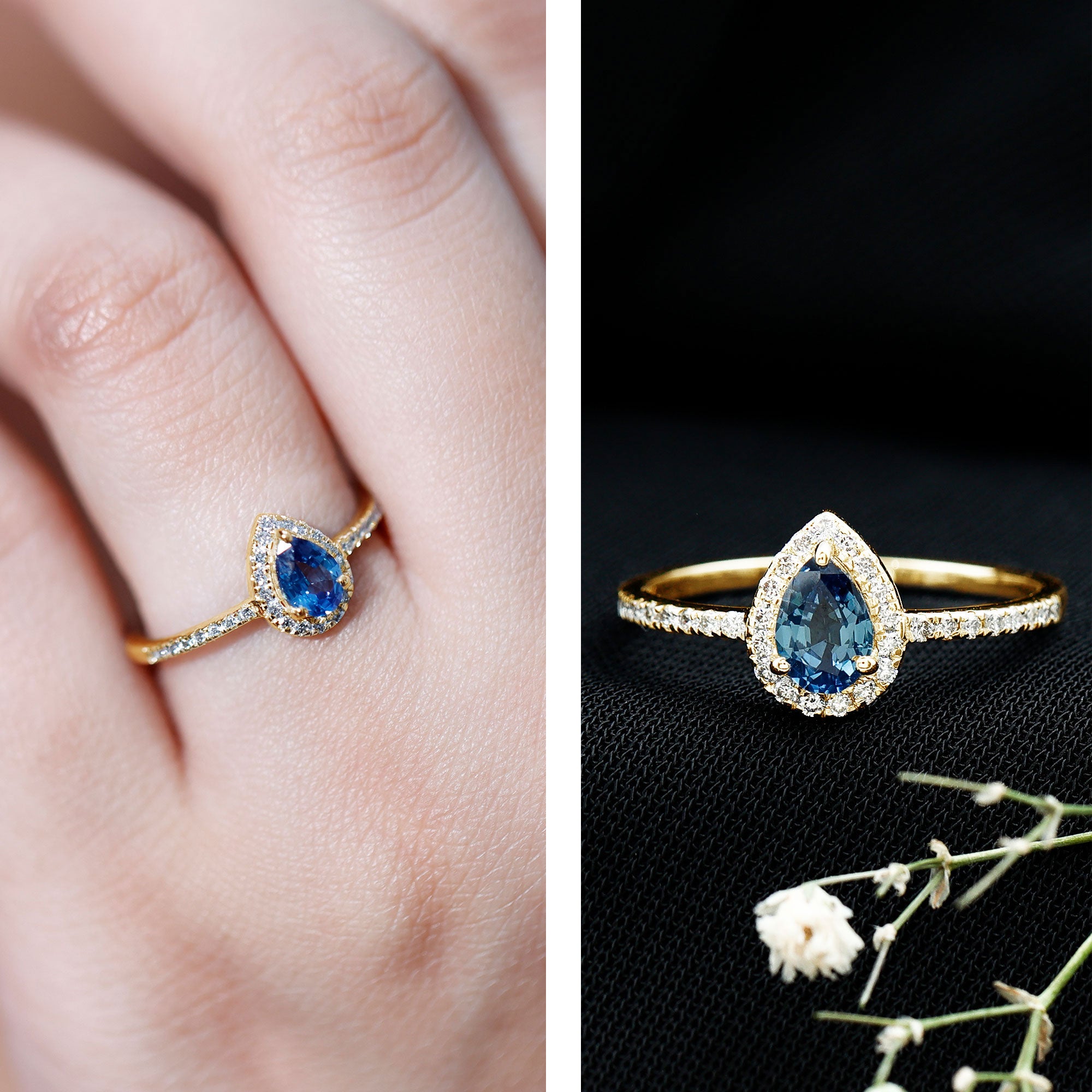 Rosec Jewels-Natural Half Carat Blue Sapphire Teardrop Engagement Ring with Diamond Halo