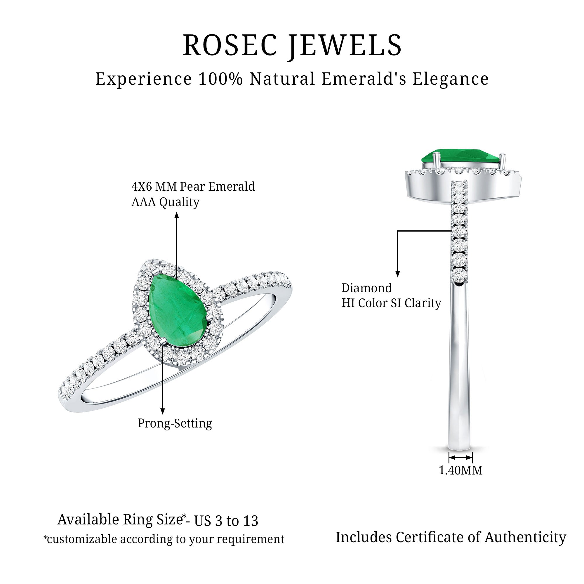4X6mm Pear Cut Emerald Teardrop Engagement Ring with Diamond Halo AAA - Rosec Jewels