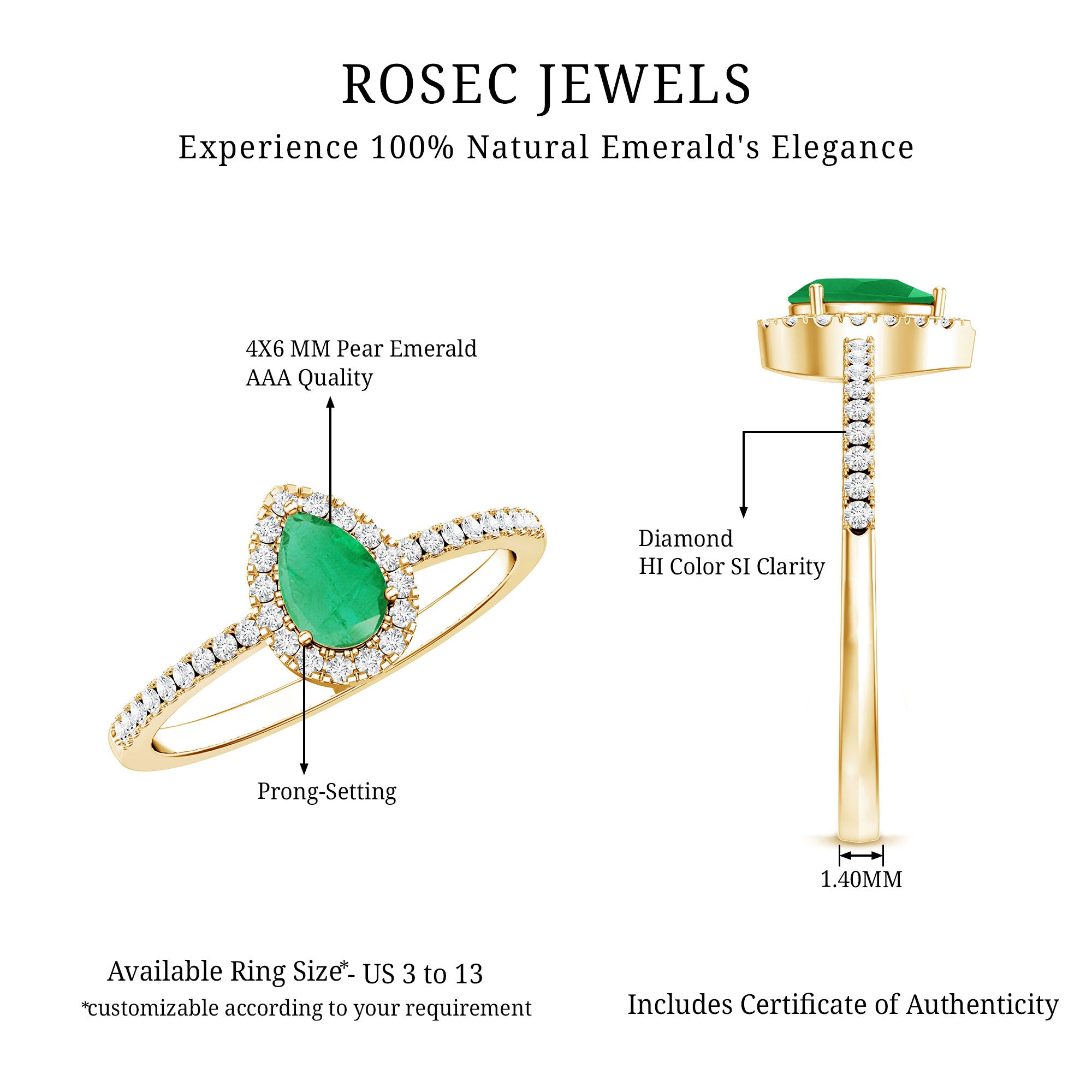 4X6mm Pear Cut Emerald Teardrop Engagement Ring with Diamond Halo AAA - Rosec Jewels