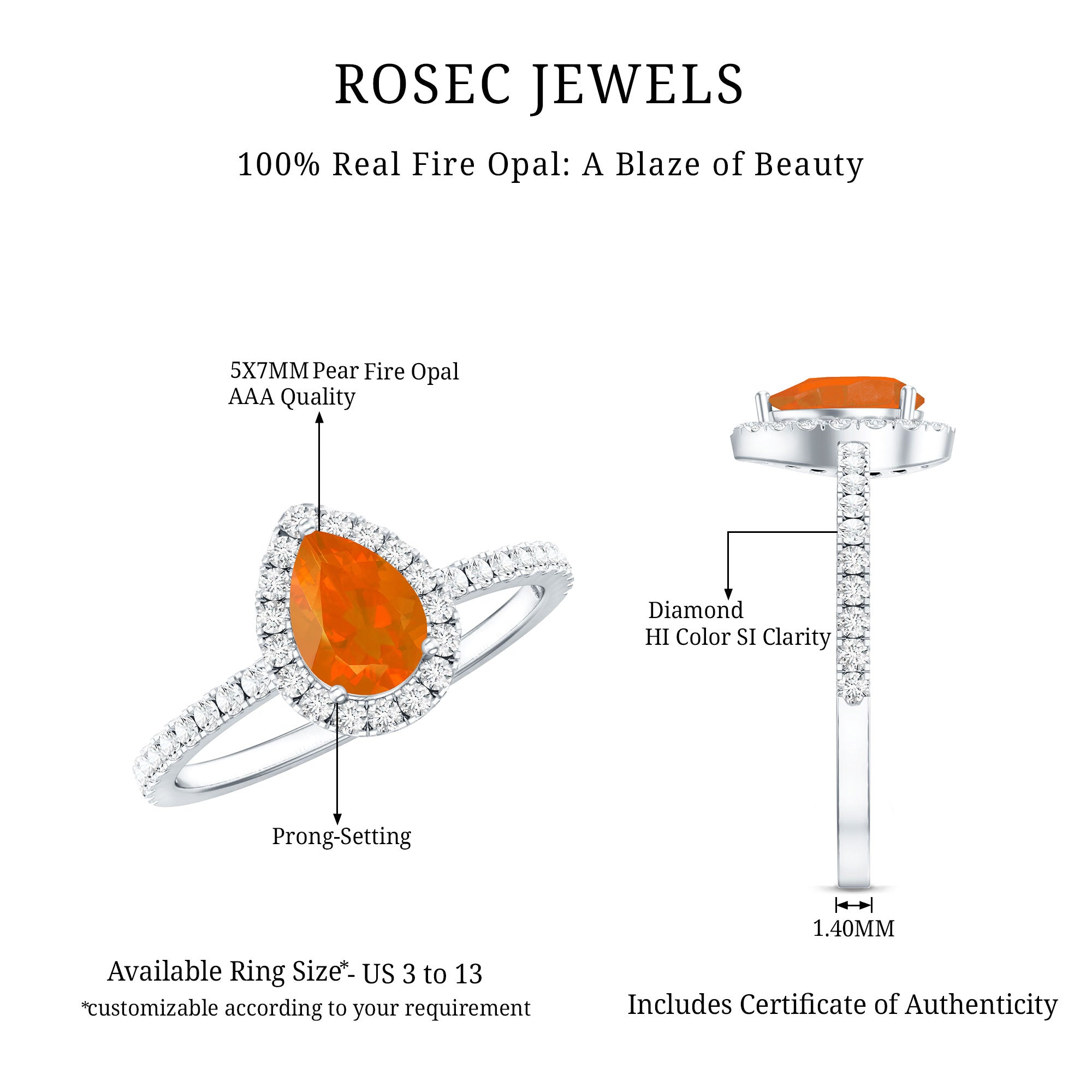 Rosec Jewels-Genuine Fire Opal Teardrop Ring with Diamond Halo