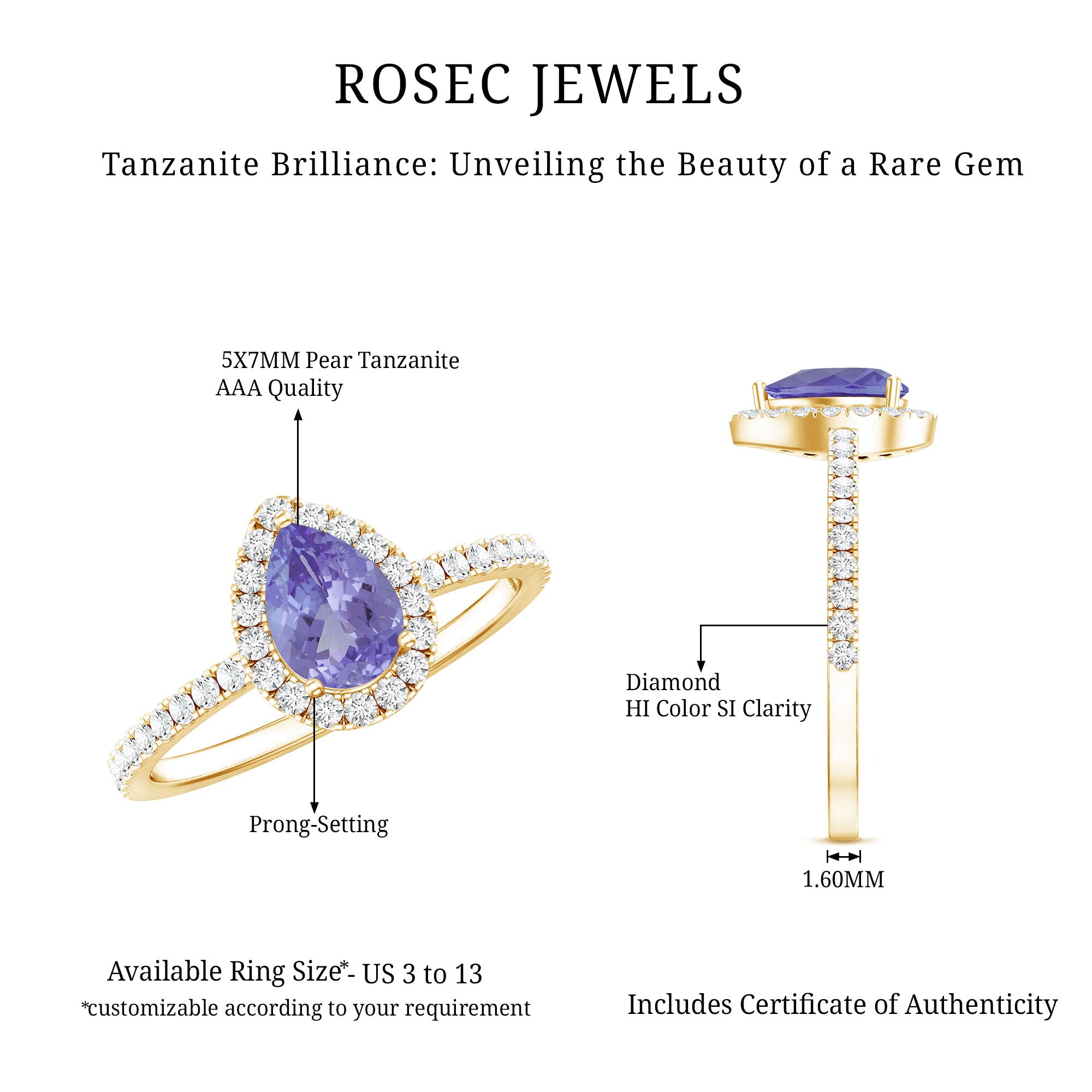 Real 0.84 Carat Tanzanite Teardrop Engagement Ring with Diamond Halo AAA - Rosec Jewels