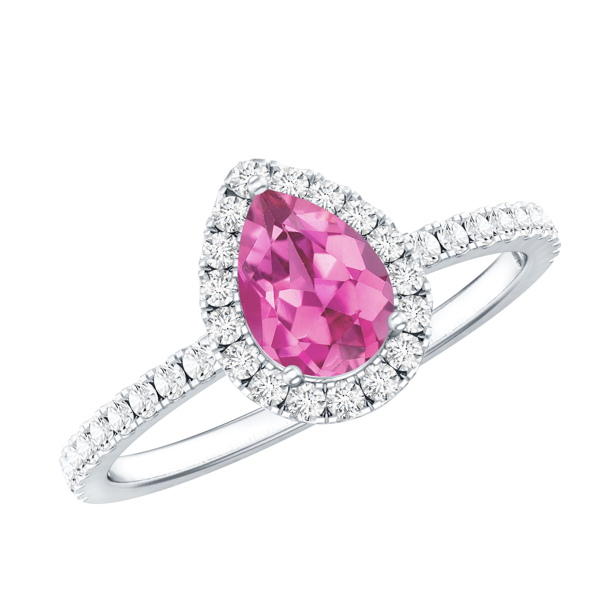 Natural Pink Tourmaline Teardrop Ring with Diamond Halo AAA - Rosec Jewels