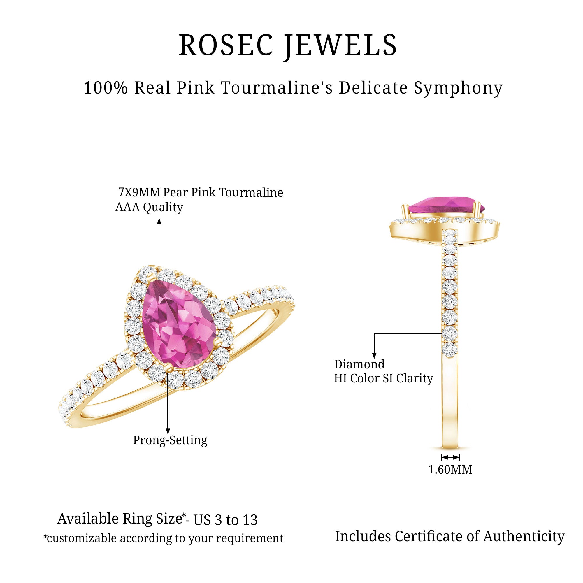 Natural Pink Tourmaline Teardrop Ring with Diamond Halo AAA - Rosec Jewels
