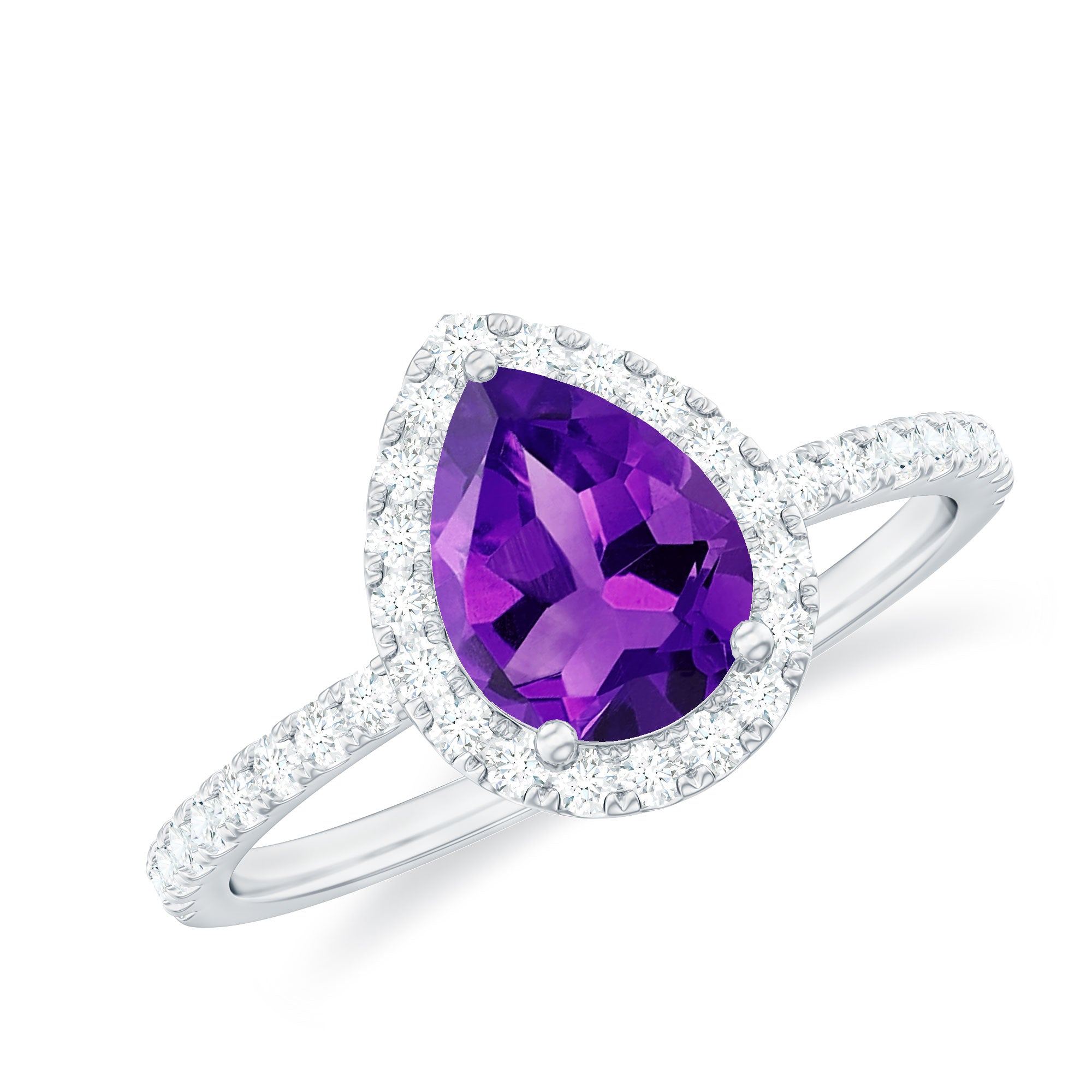 Natural Amethyst Teardrop Engagement Ring with Diamond Halo