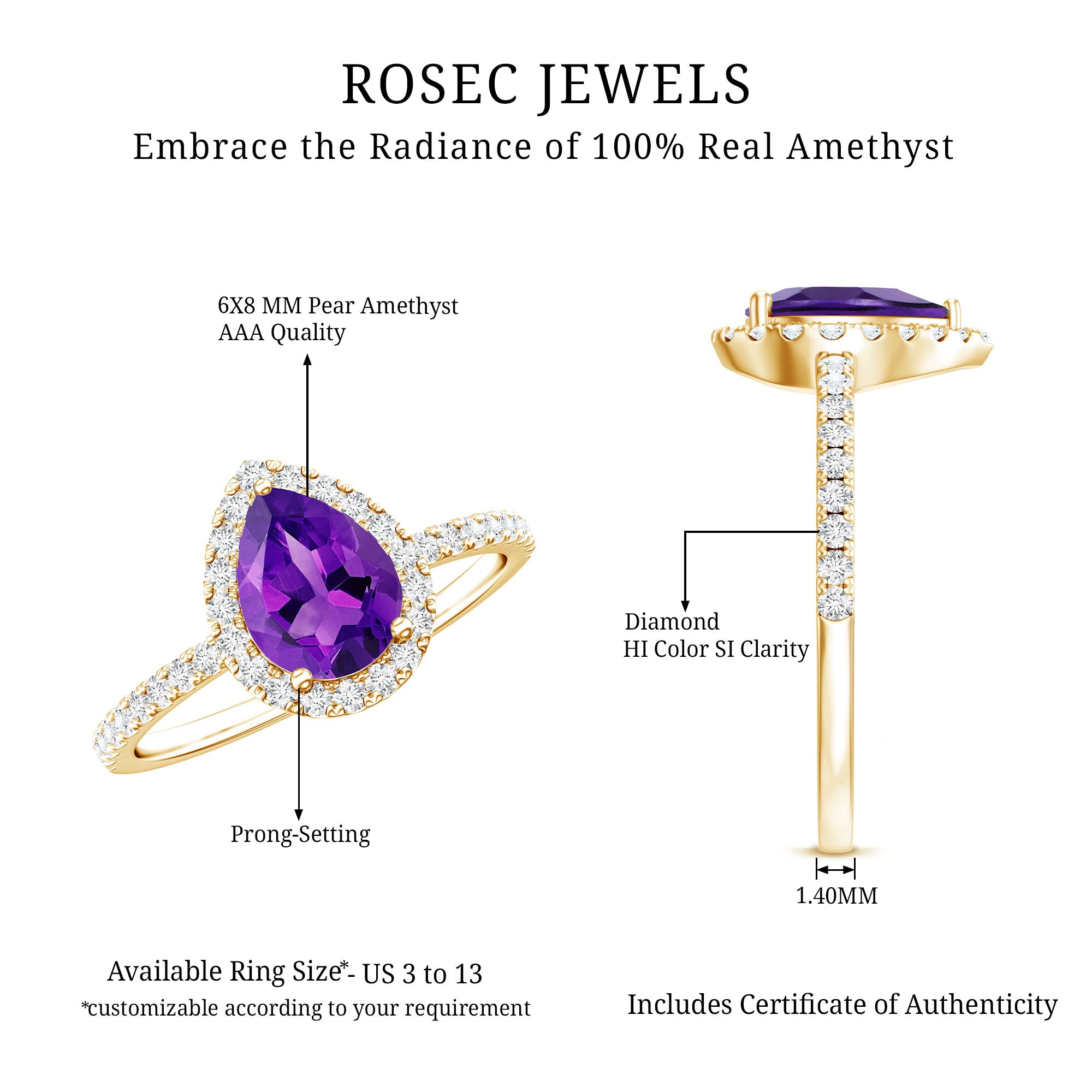 Natural Amethyst Teardrop Engagement Ring with Diamond Halo AAA - Rosec Jewels