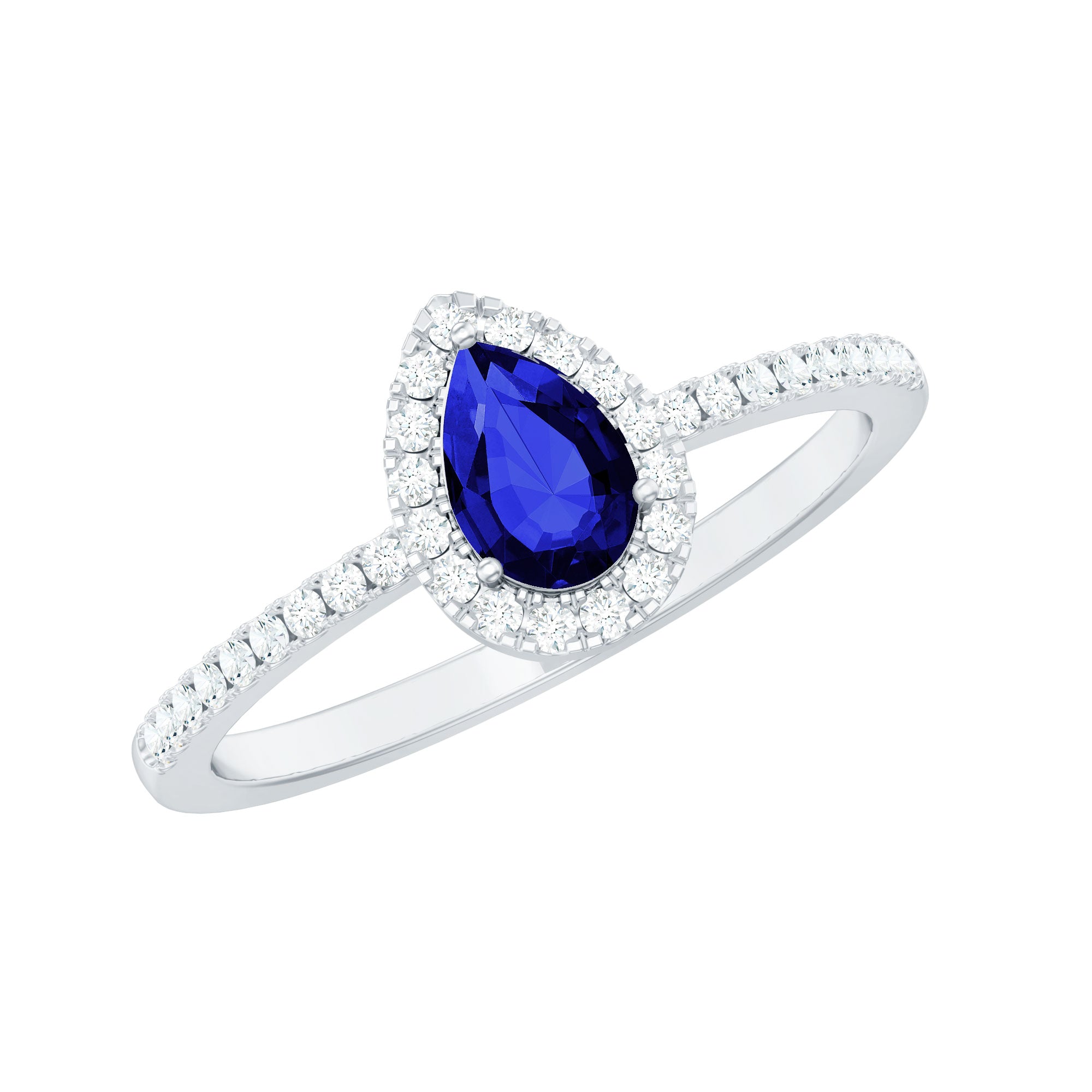 Certified Half Carat Lab Grown Blue Sapphire Teardrop Engagement Ring with Diamond Halo