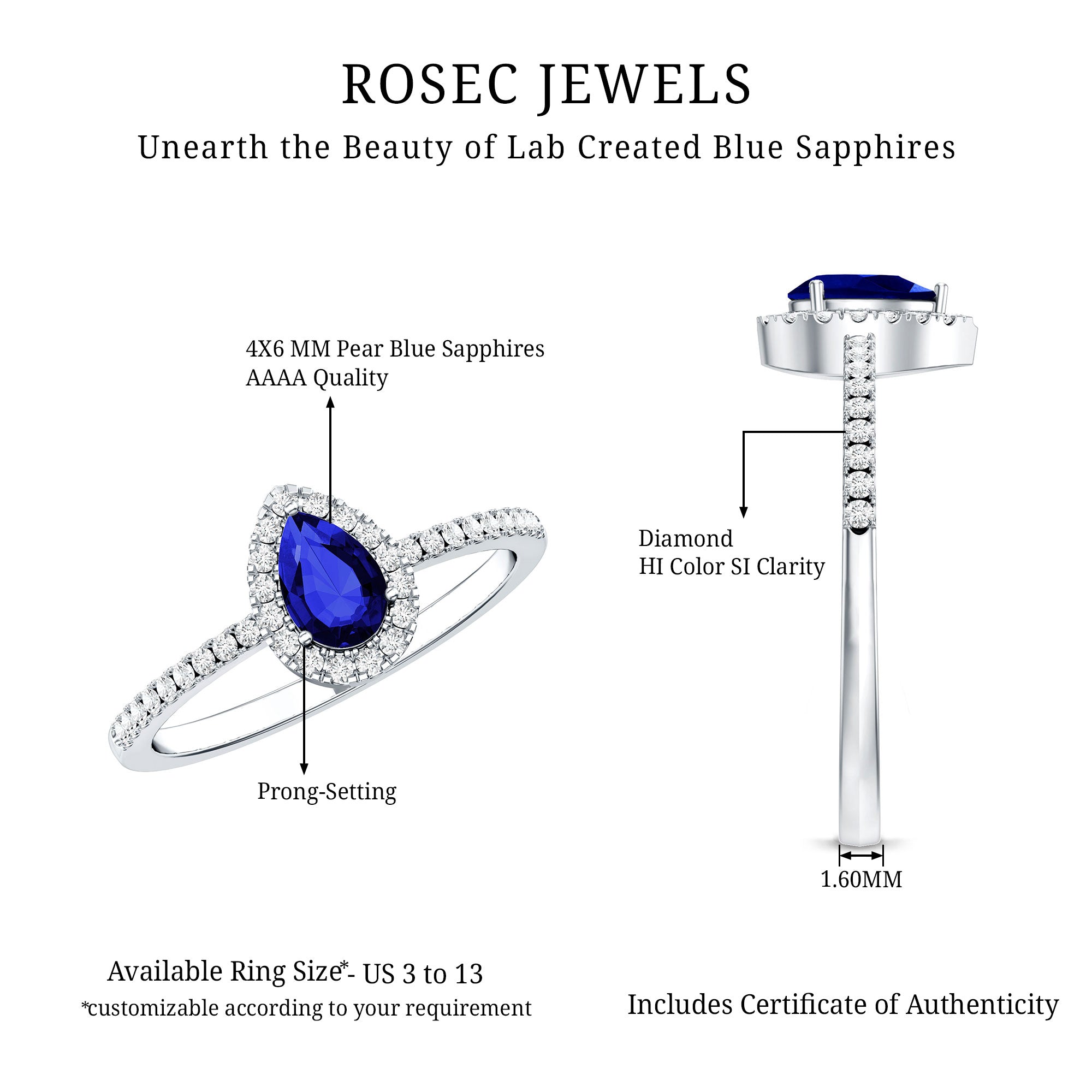 Certified Half Carat Lab Grown Blue Sapphire Teardrop Engagement Ring with Diamond Halo AAAA - Rosec Jewels