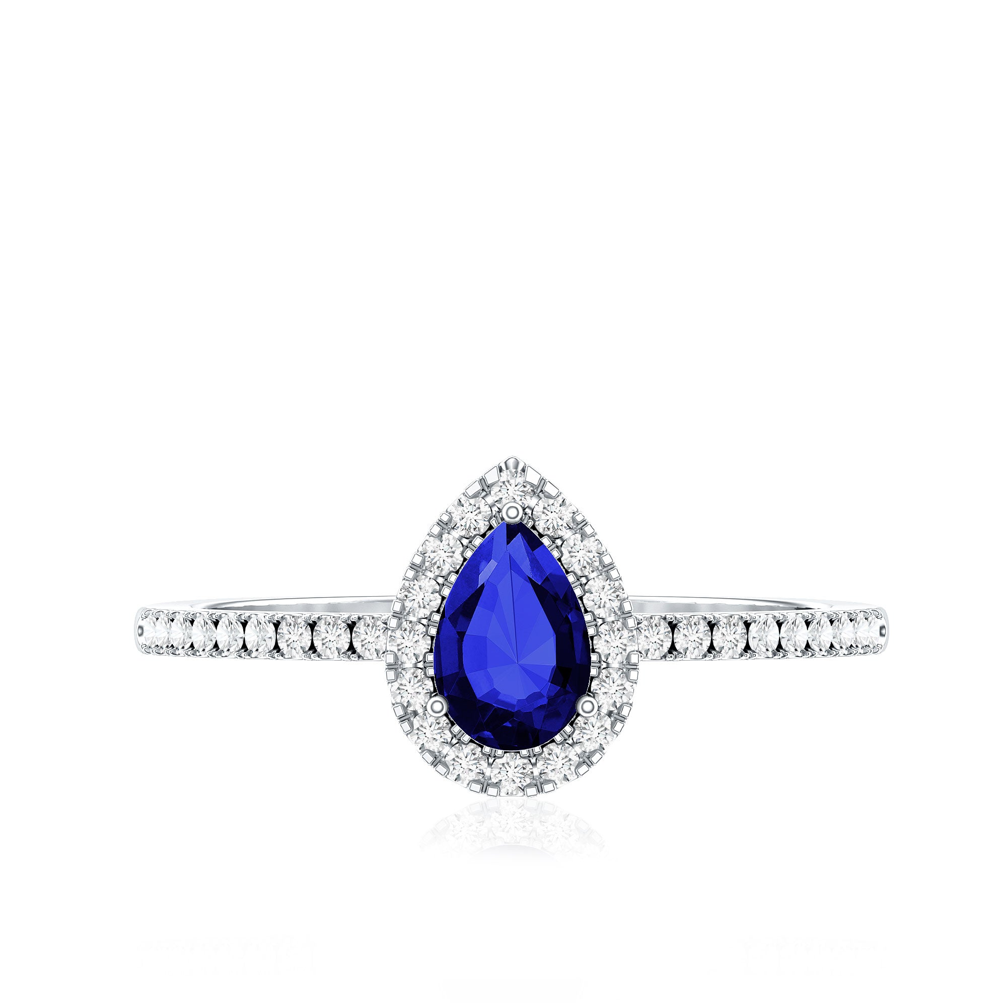 Certified Half Carat Lab Grown Blue Sapphire Teardrop Engagement Ring with Diamond Halo AAAA - Rosec Jewels