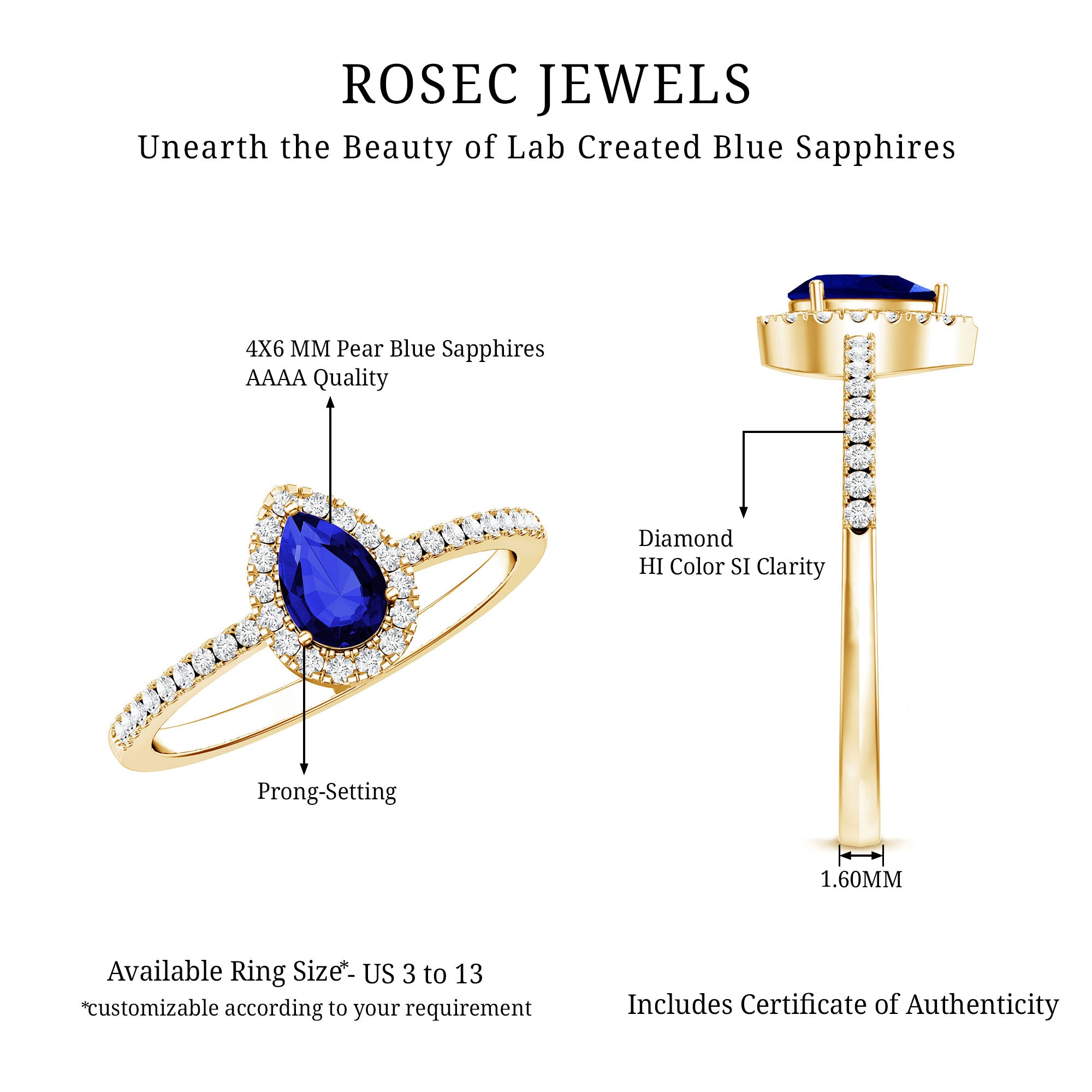 Certified Half Carat Lab Grown Blue Sapphire Teardrop Engagement Ring with Diamond Halo AAAA - Rosec Jewels