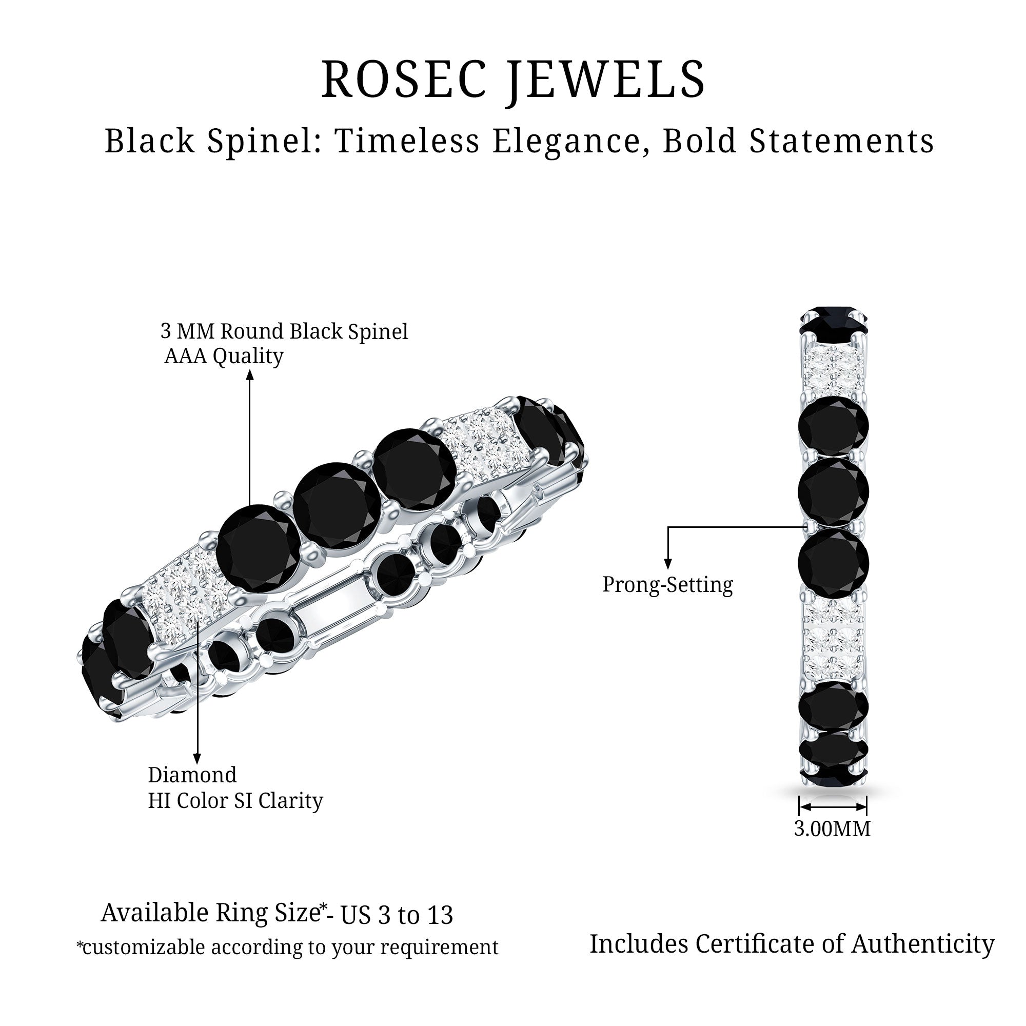 Real Black Spinel Diamond Eternity Ring for Anniversary AAA - Rosec Jewels