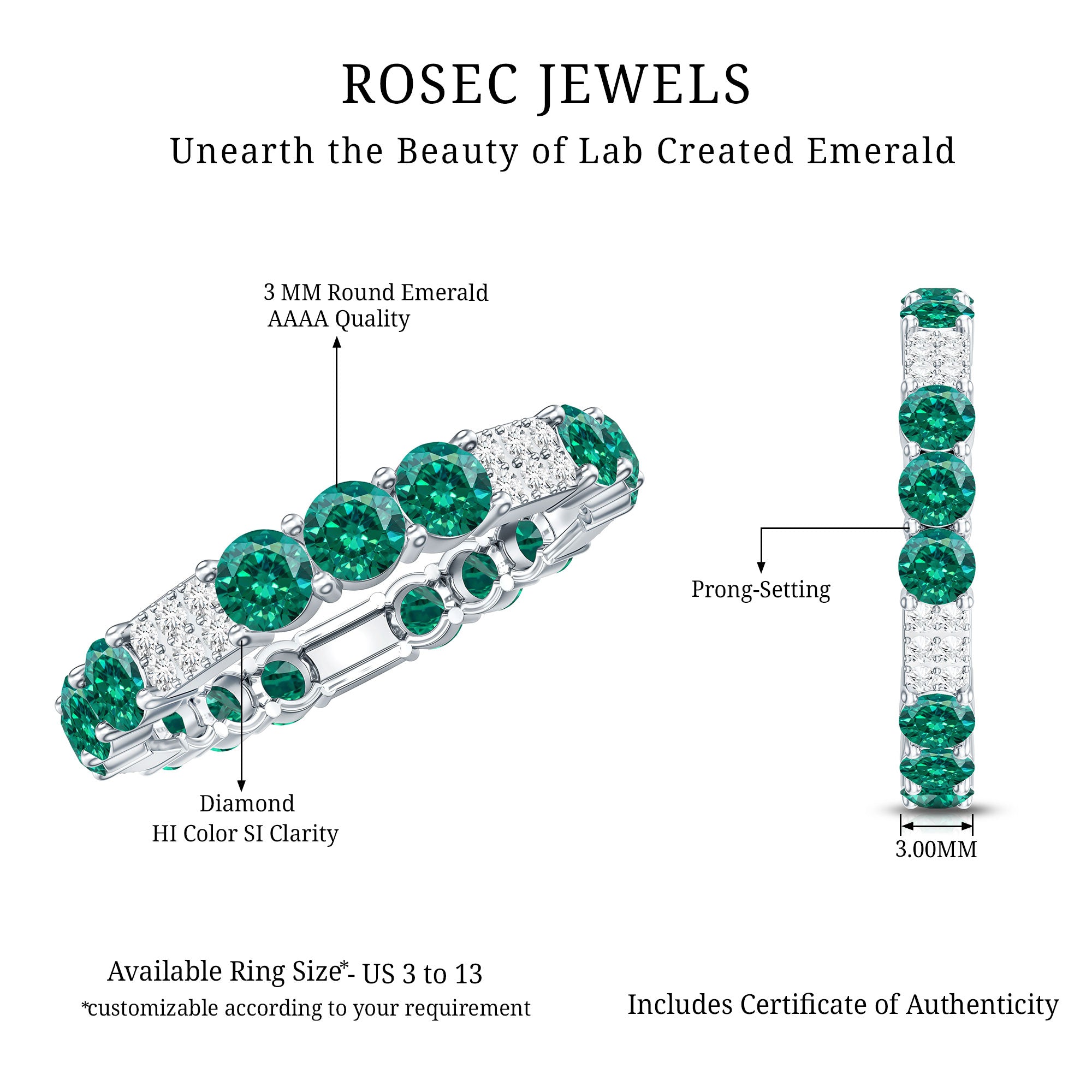 Certified Lab Grown Emerald Diamond Eternity Wedding Band AAAA - Rosec Jewels