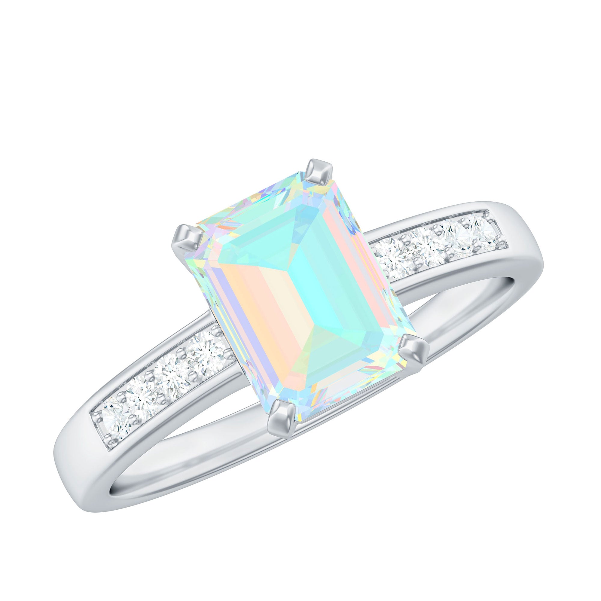 Genuine 6X8mm Ethiopian Opal Emerald Cut Engagement Ring with Diamond