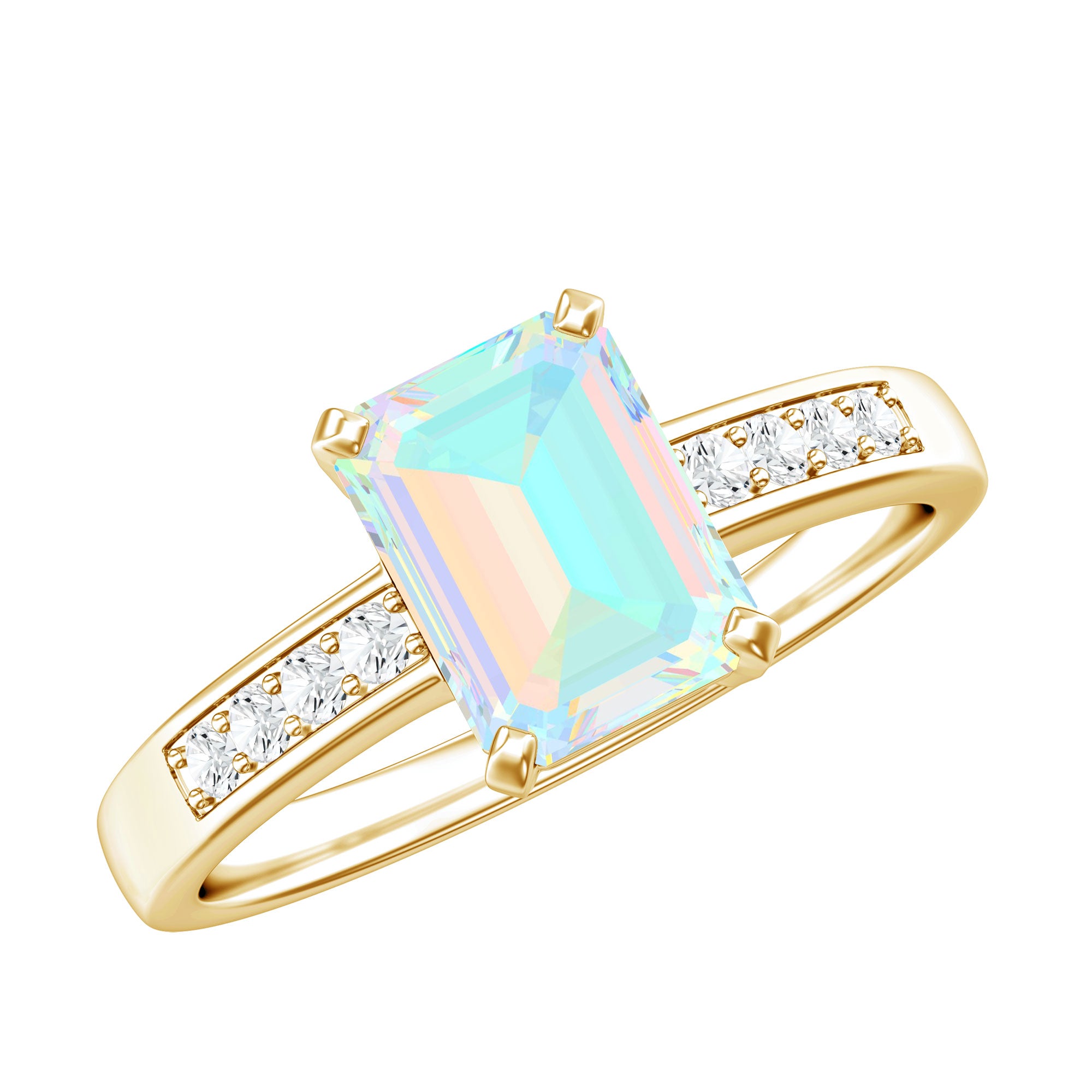 Genuine 6X8mm Ethiopian Opal Emerald Cut Engagement Ring with Diamond AAA - Rosec Jewels