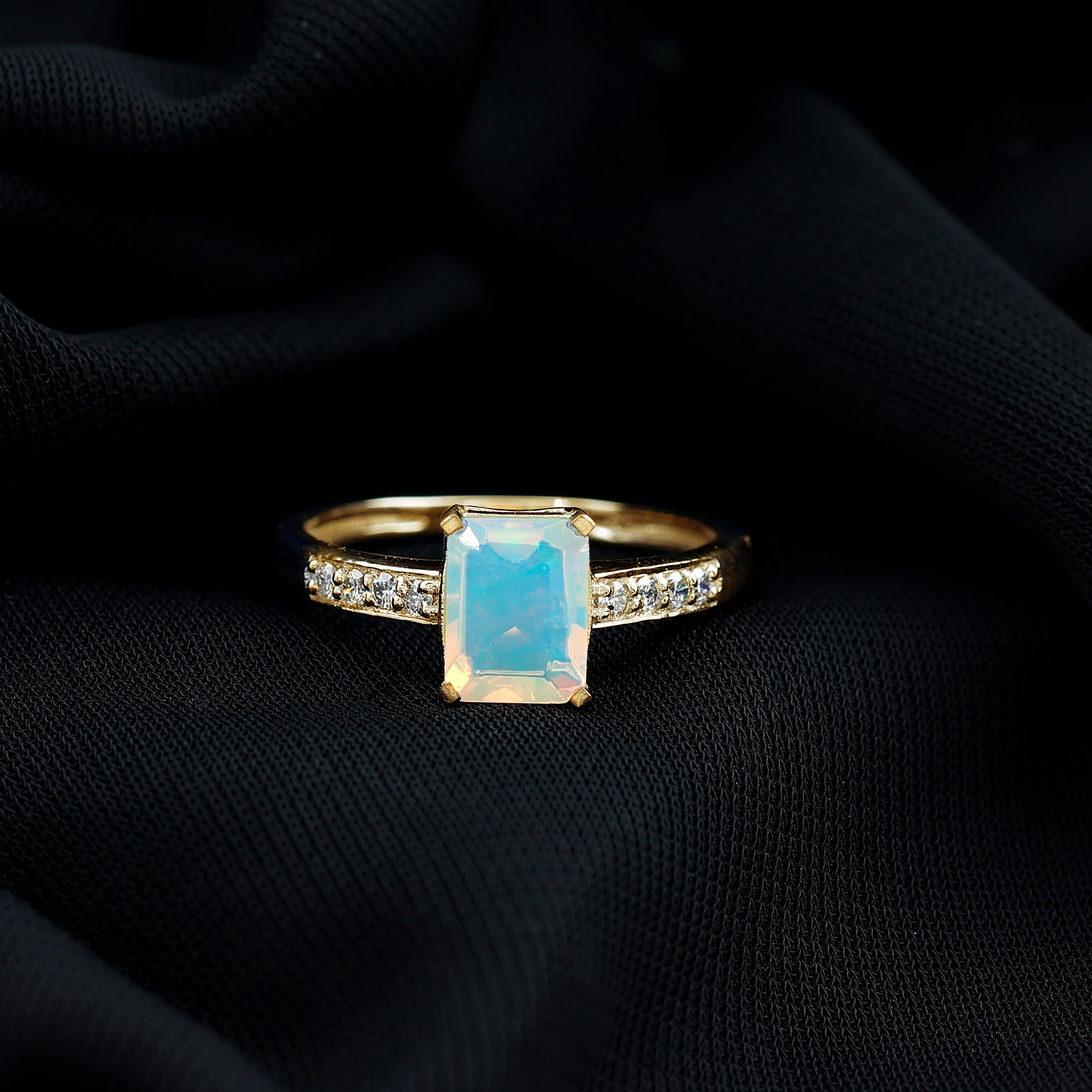 Genuine 6X8mm Ethiopian Opal Emerald Cut Engagement Ring with Diamond AAA - Rosec Jewels