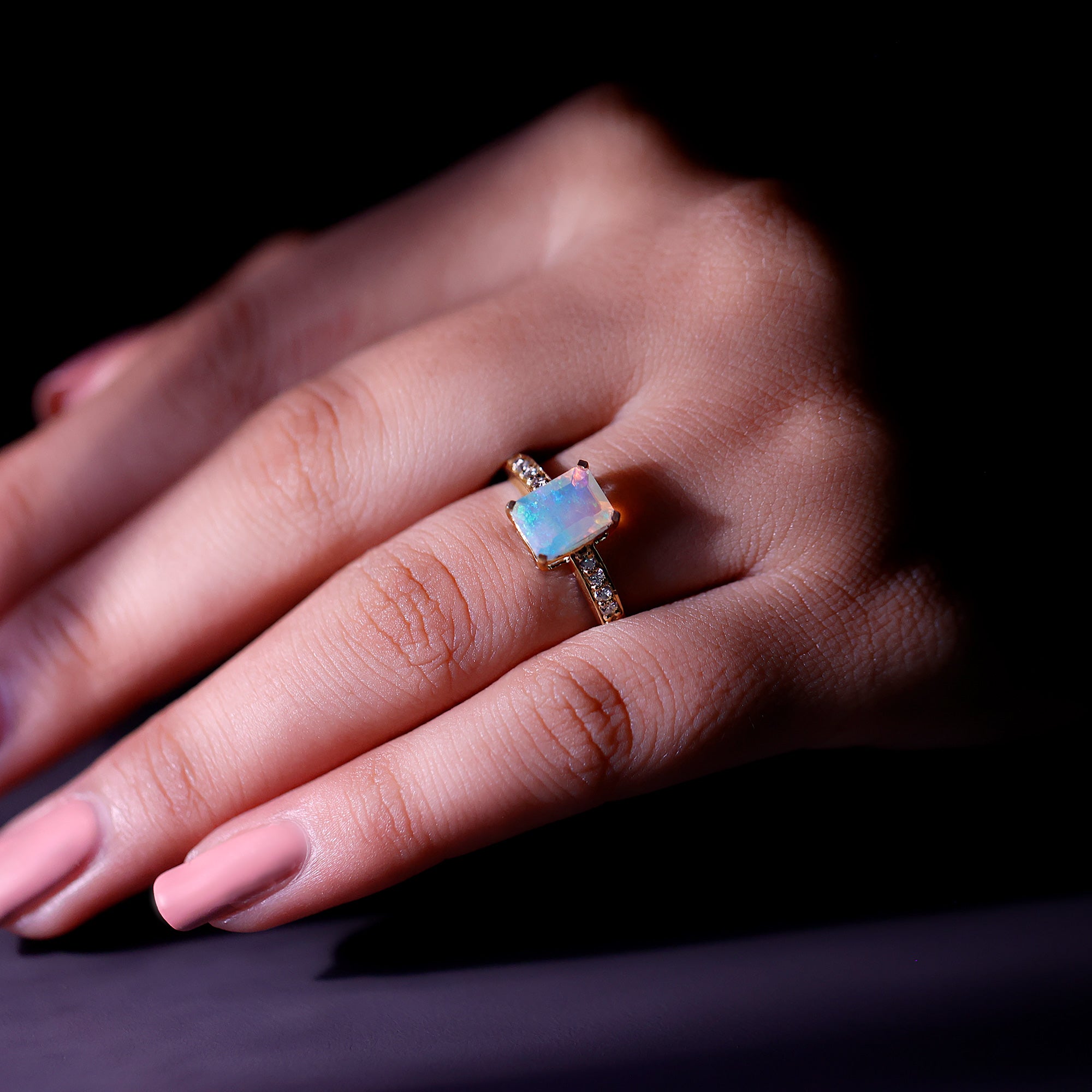 Genuine 6X8mm Ethiopian Opal Emerald Cut Engagement Ring with Diamond AAA - Rosec Jewels