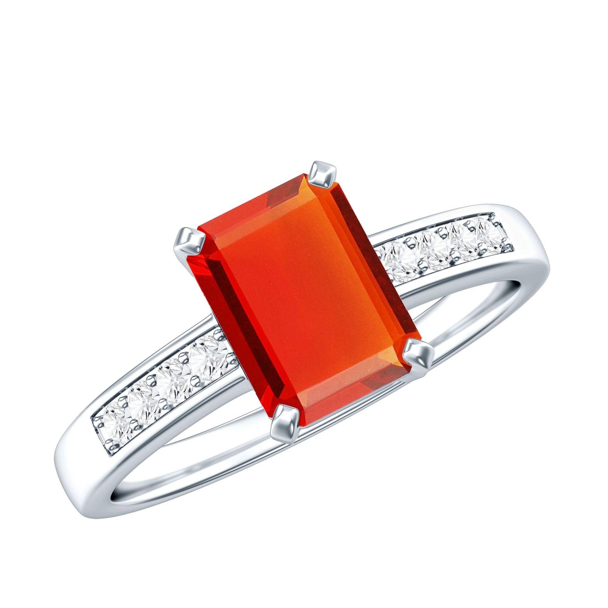 Emerald Cut Real Fire Opal Solitaire Engagement Ring with Diamond AAA - Rosec Jewels