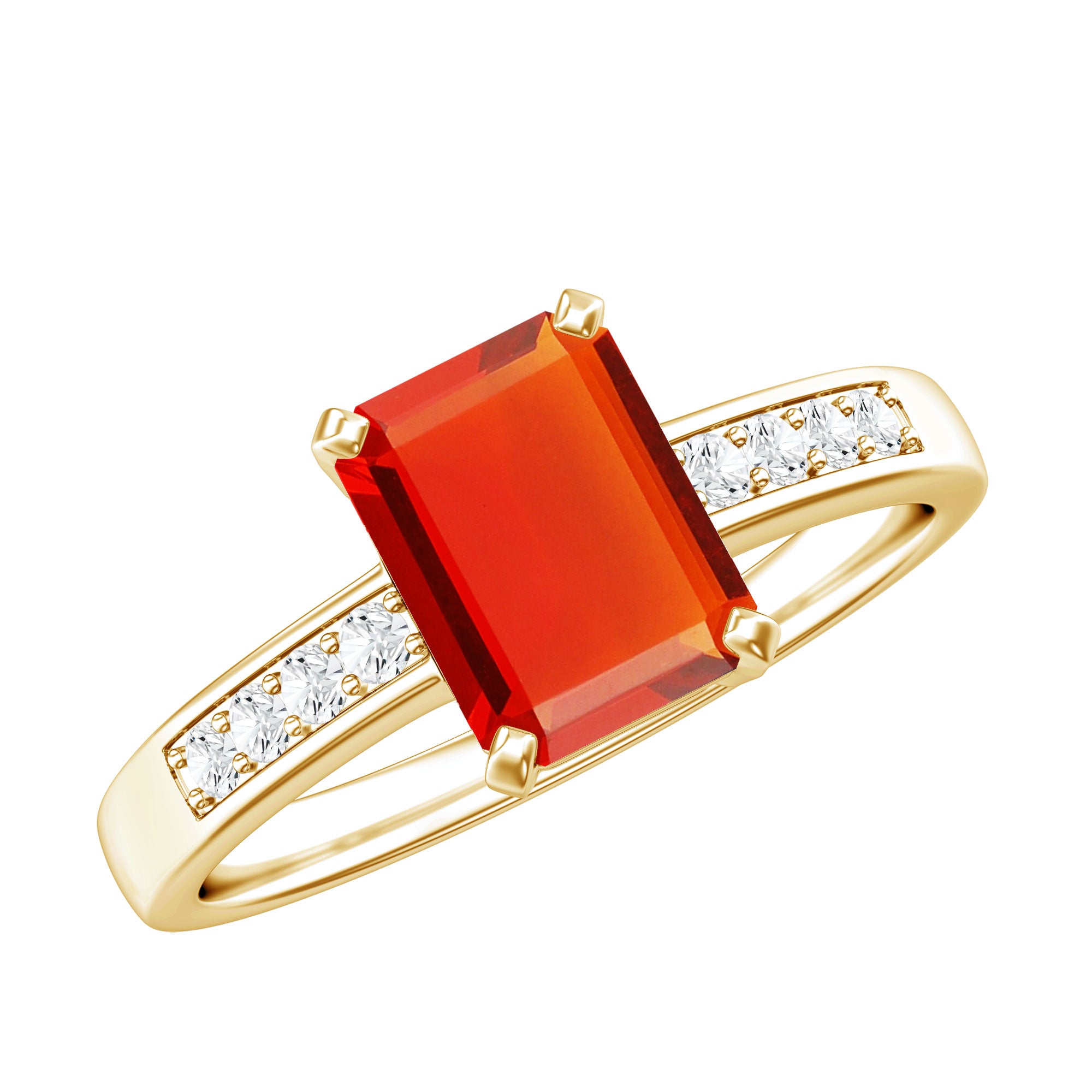 Emerald Cut Real Fire Opal Solitaire Engagement Ring with Diamond AAA - Rosec Jewels