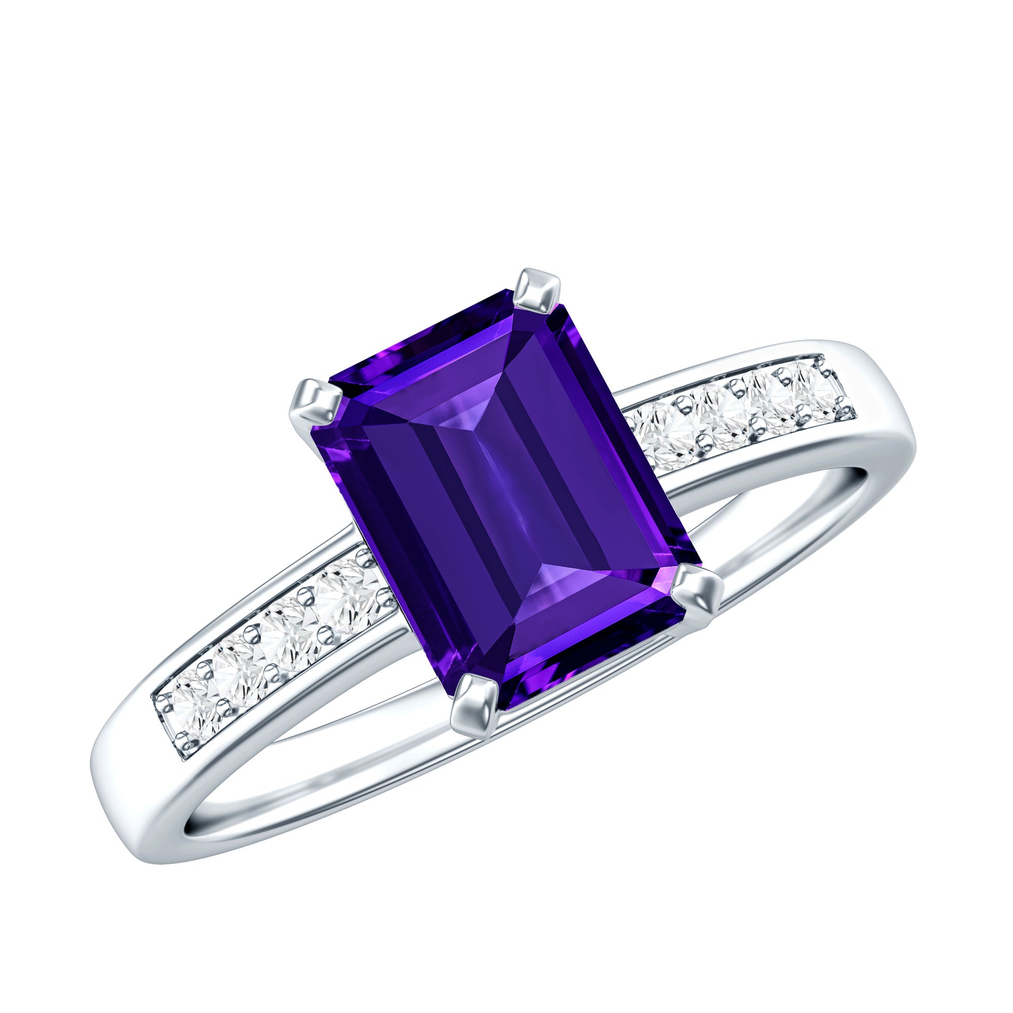 Natural 1.4 Carat Amethyst Emerald Cut Engagement Ring with Diamond AAA - Rosec Jewels