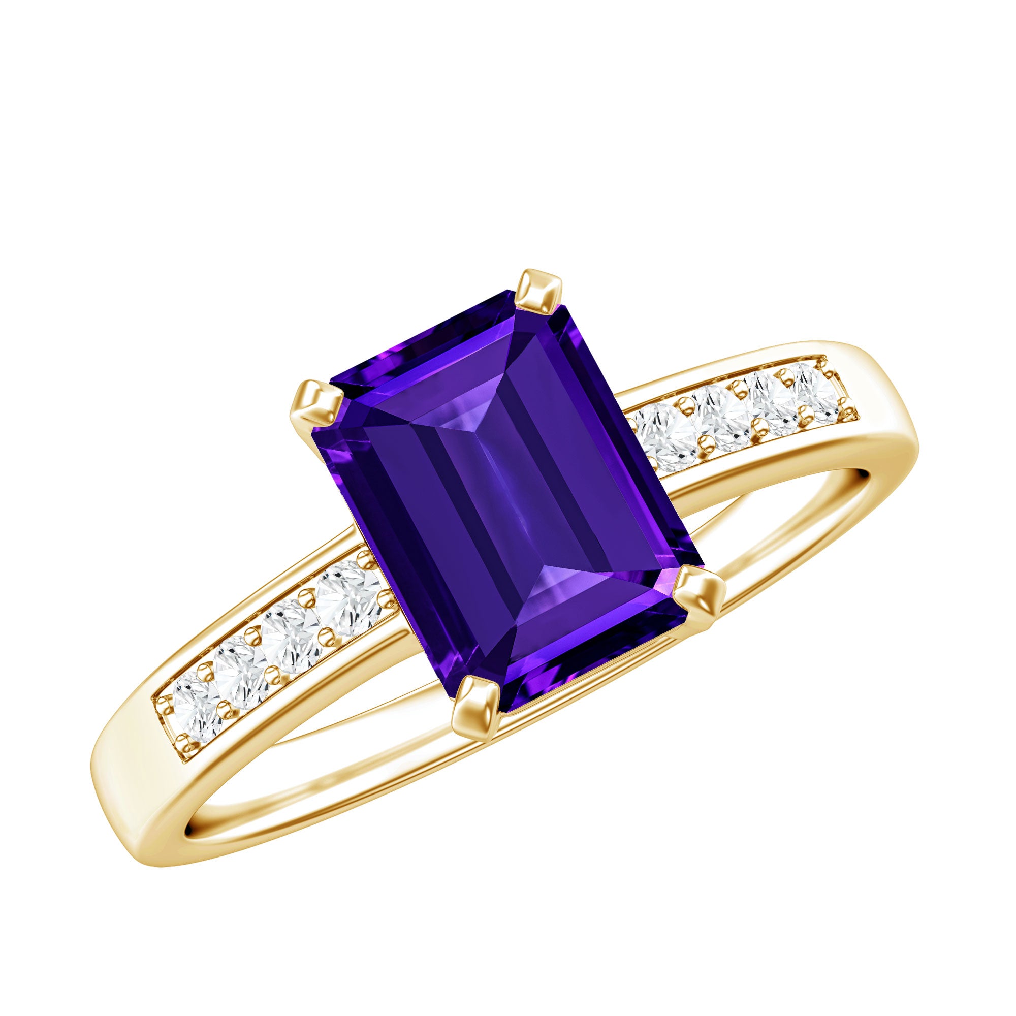 Natural 1.4 Carat Amethyst Emerald Cut Engagement Ring with Diamond AAA - Rosec Jewels