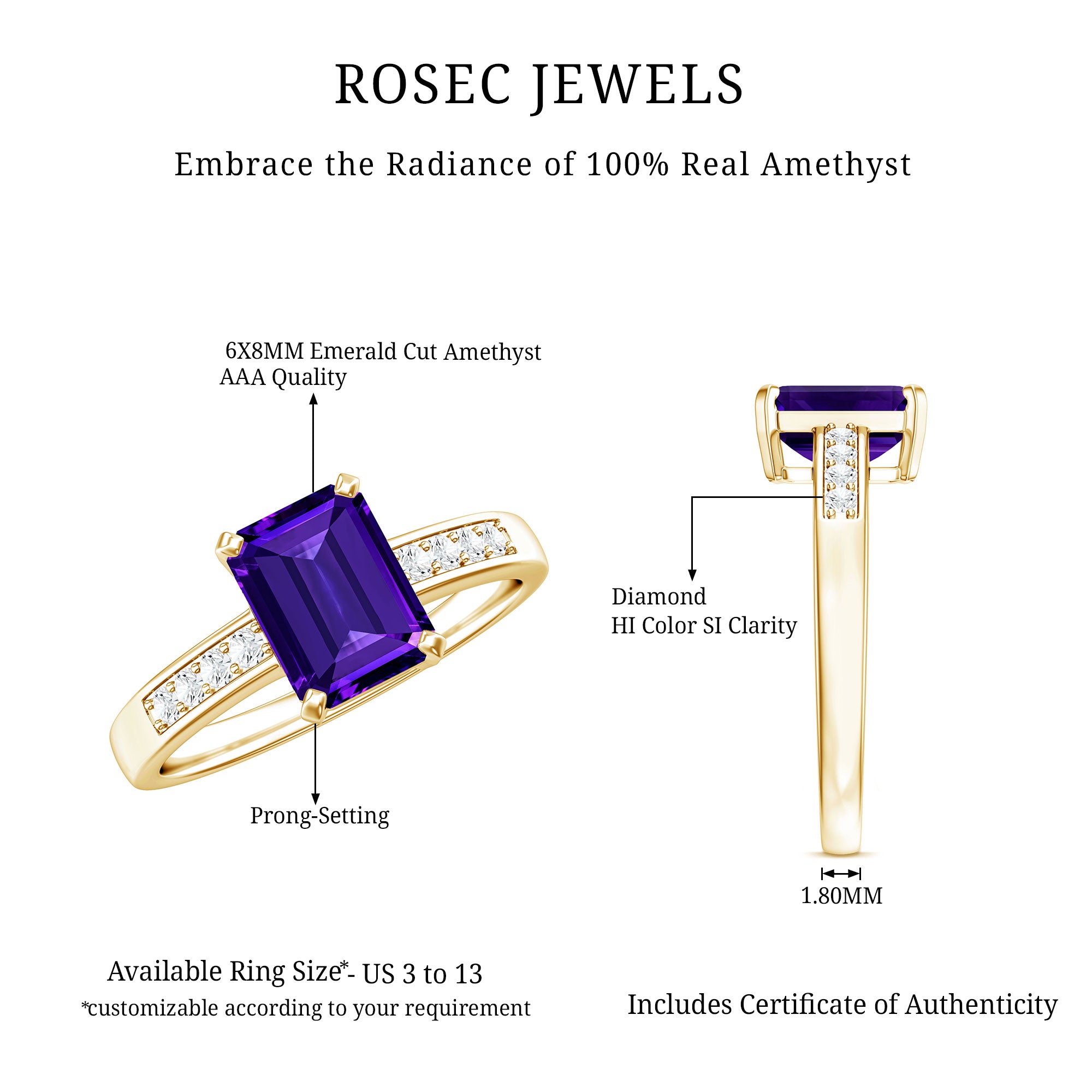 Natural 1.4 Carat Amethyst Emerald Cut Engagement Ring with Diamond AAA - Rosec Jewels