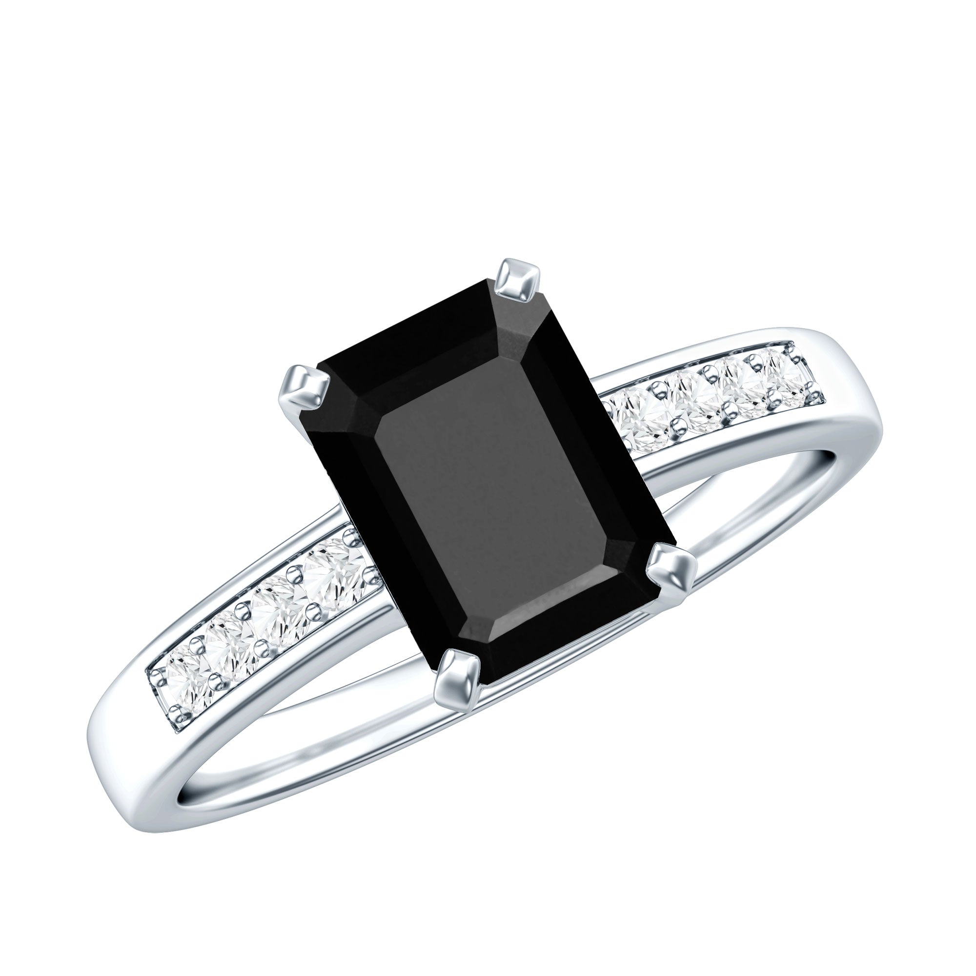 6X8mm Emerald Cut Black Onyx Engagement Ring with Diamond AAA - Rosec Jewels