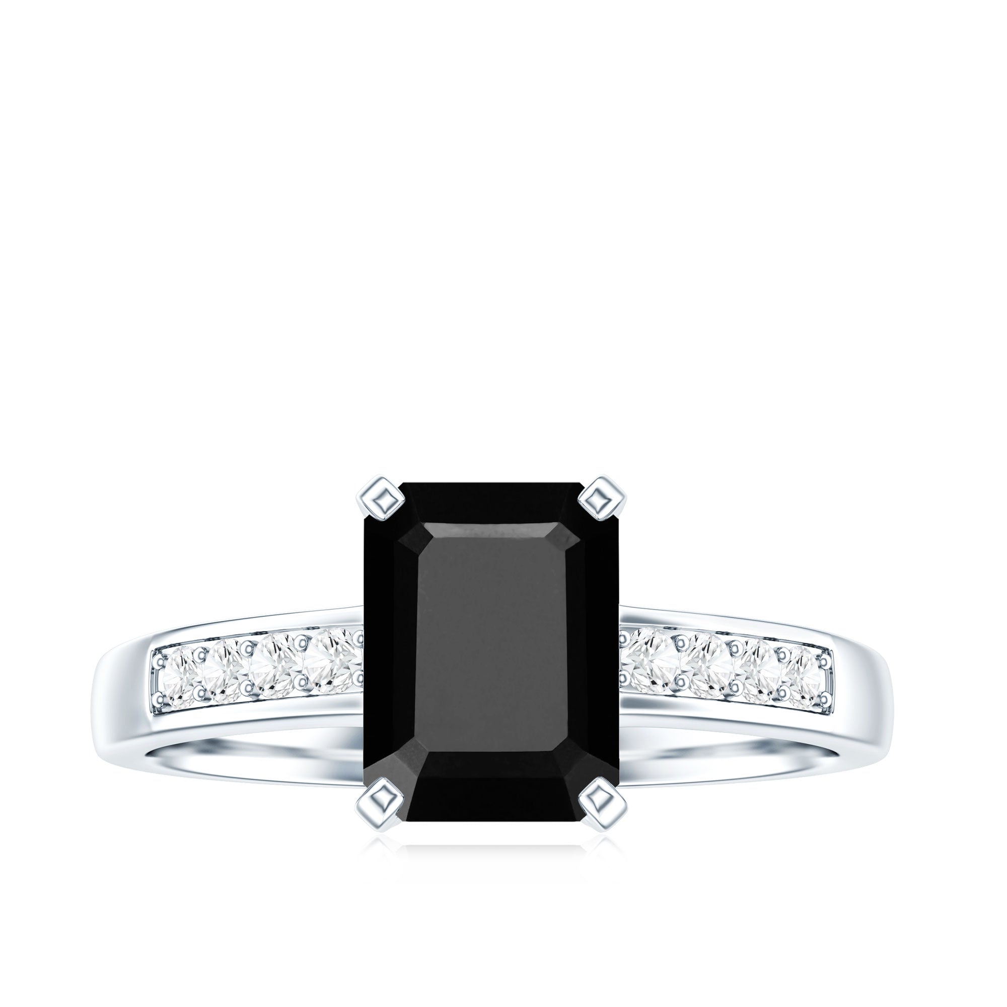 6X8mm Emerald Cut Black Onyx Engagement Ring with Diamond AAA - Rosec Jewels