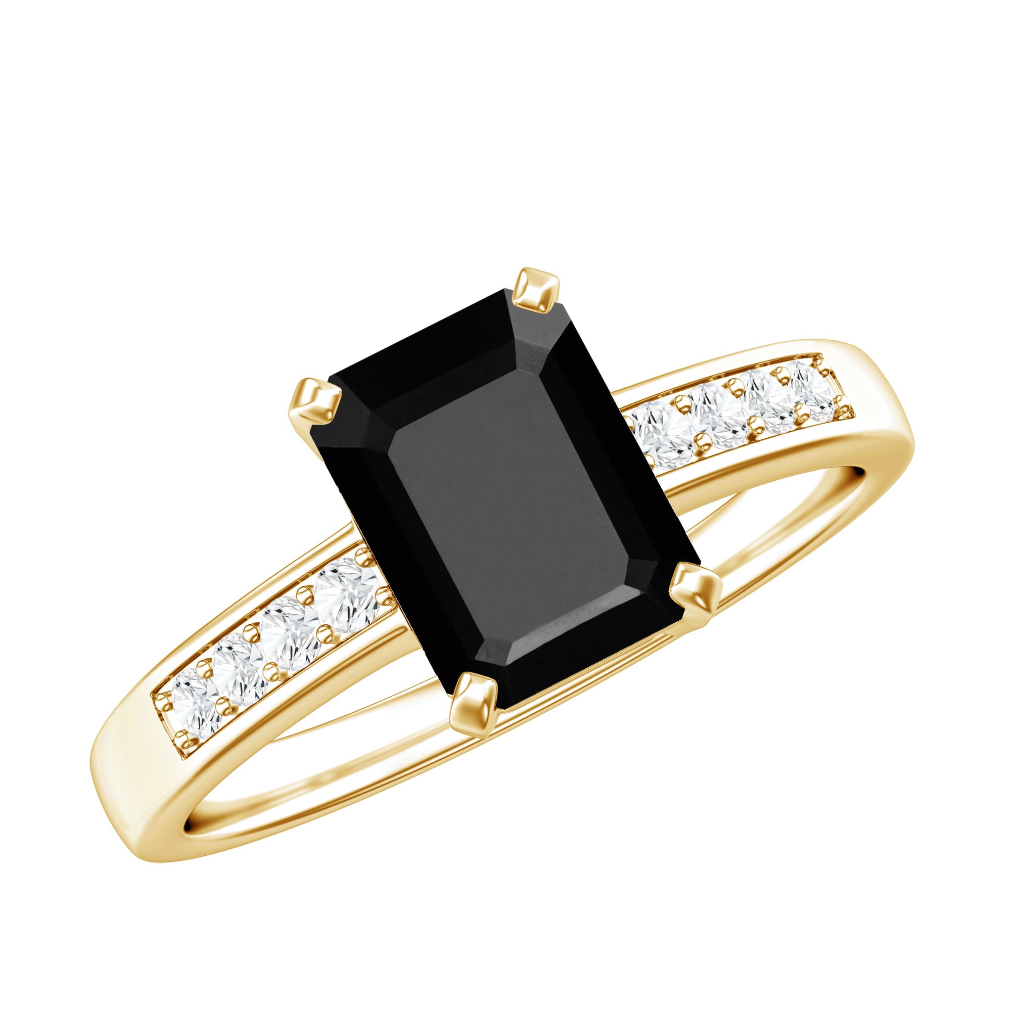 6X8mm Emerald Cut Black Onyx Engagement Ring with Diamond AAA - Rosec Jewels