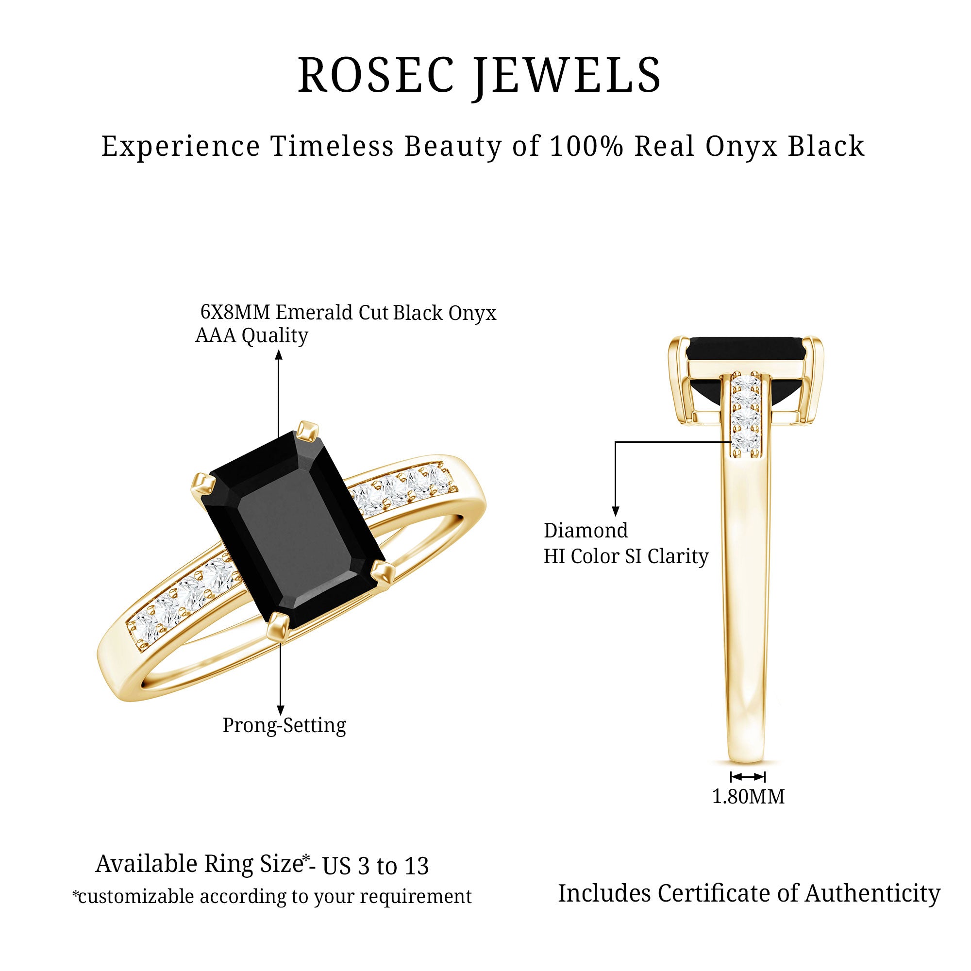 6X8mm Emerald Cut Black Onyx Engagement Ring with Diamond AAA - Rosec Jewels