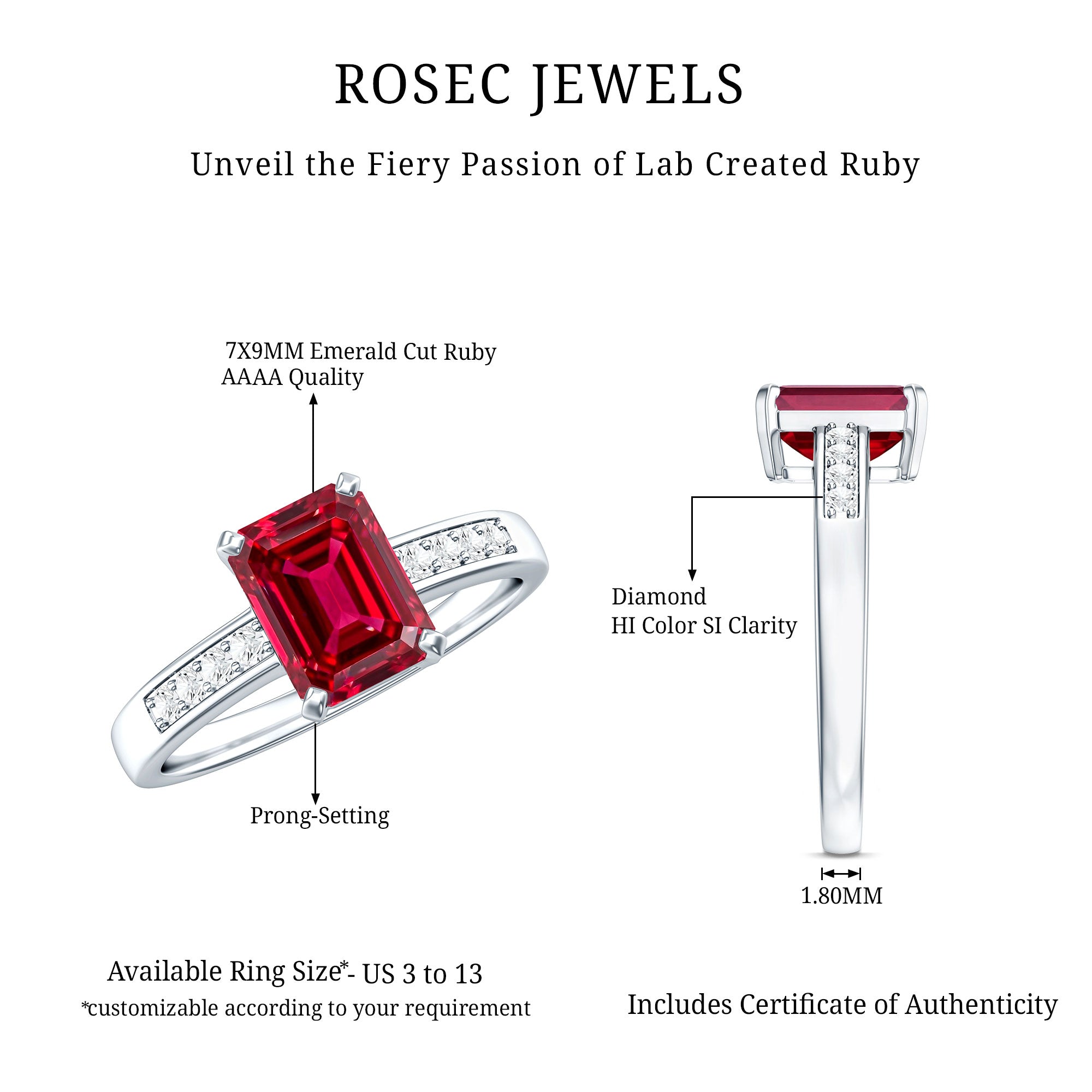 Rosec Jewels-Lab Grown Ruby Emerald Cut Engagement Ring with Real Diamond
