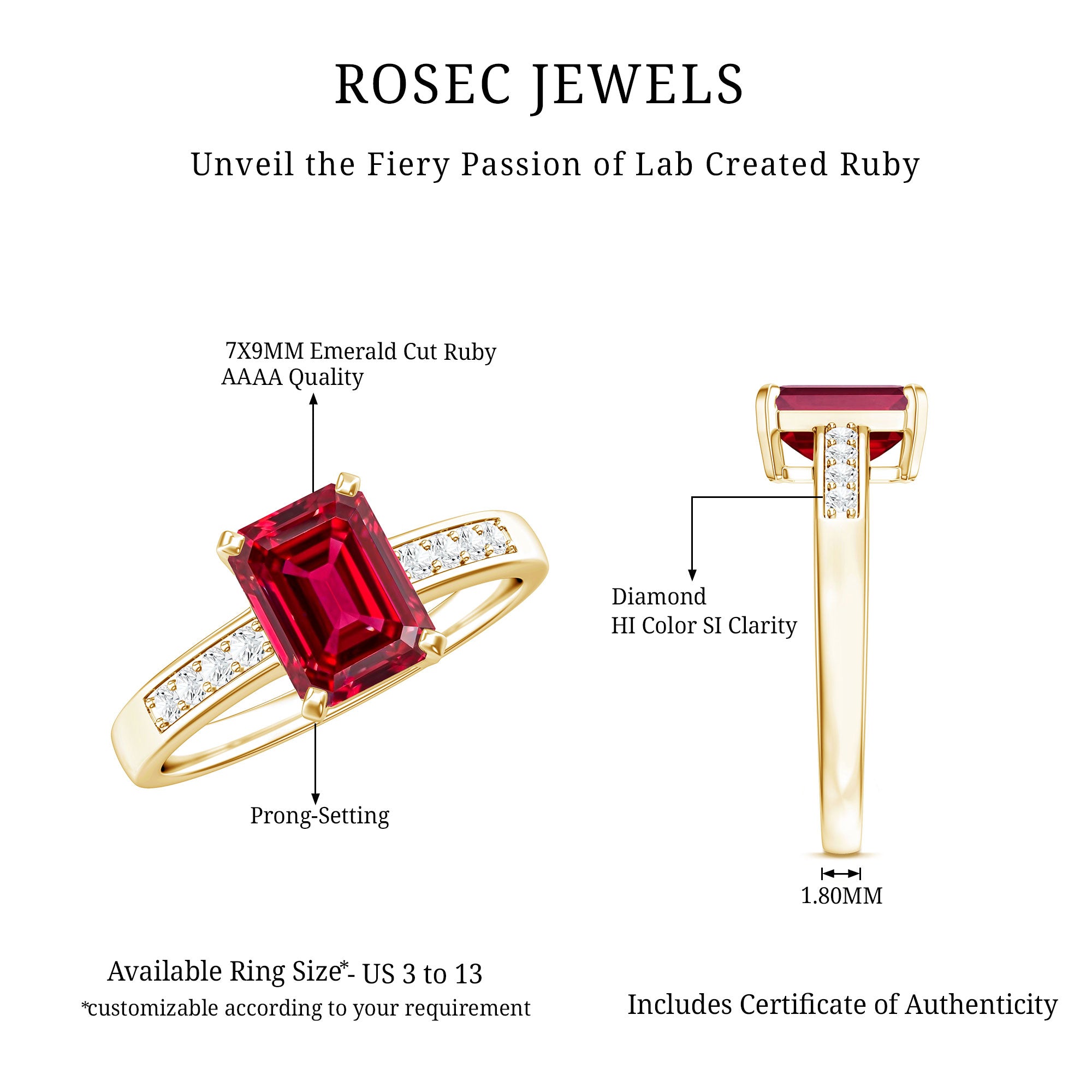 Rosec Jewels-Lab Grown Ruby Emerald Cut Engagement Ring with Real Diamond