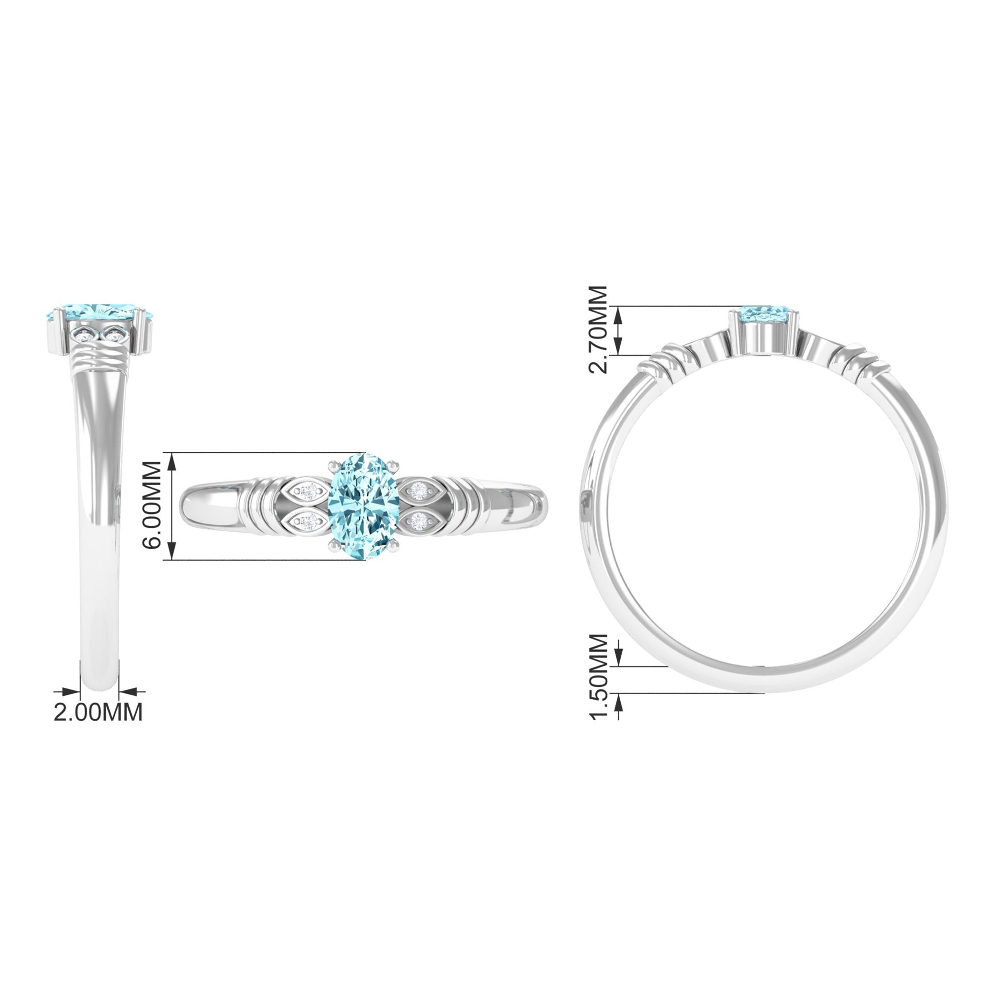 Rosec Jewels-Natural 6X8mm Aquamarine Oval Engagement Ring with Diamond