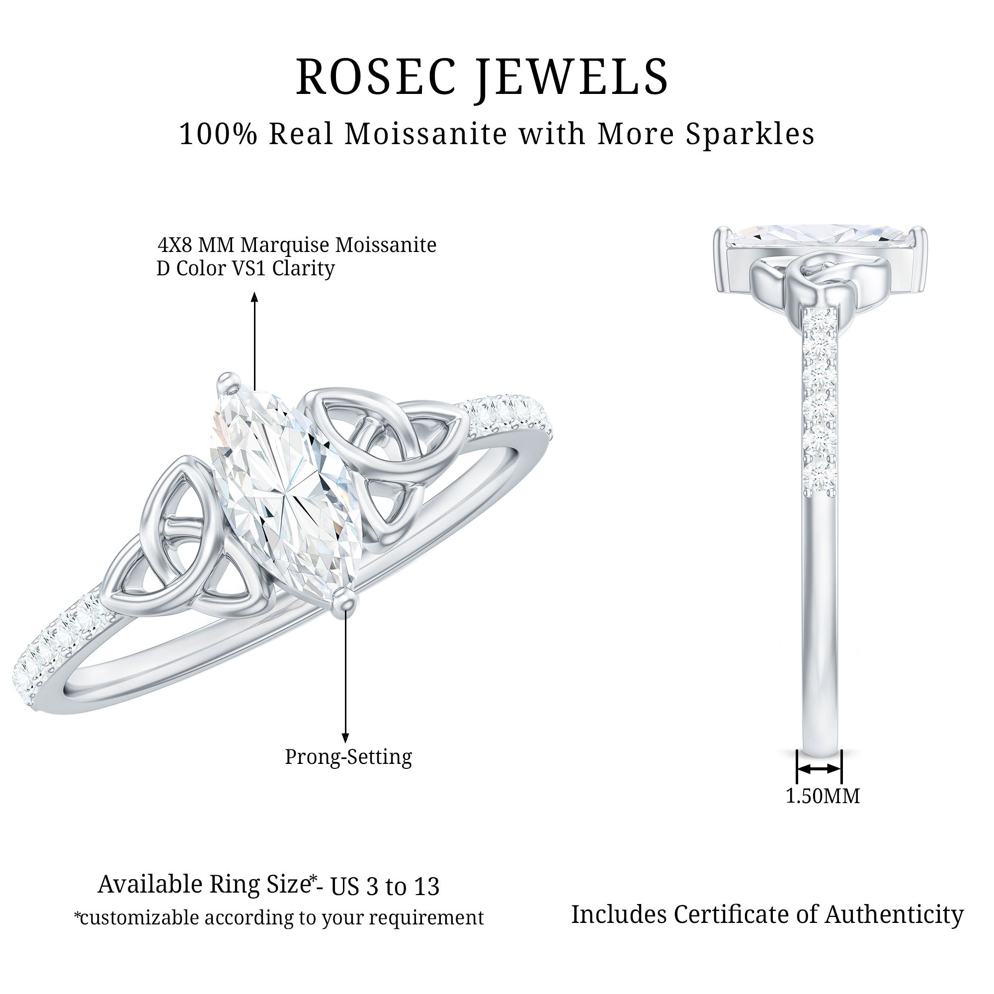 Marquise Cut Moissanite Celtic Knot Engagement Ring D-VS1 - Rosec Jewels