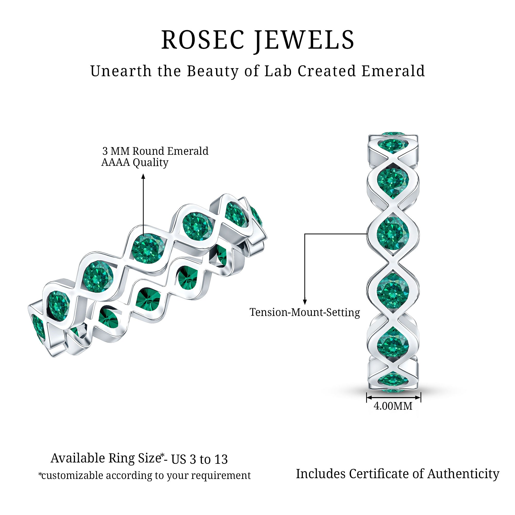 Certified Lab Grown Emerald Infinity Twisted Eternity Ring AAAA - Rosec Jewels