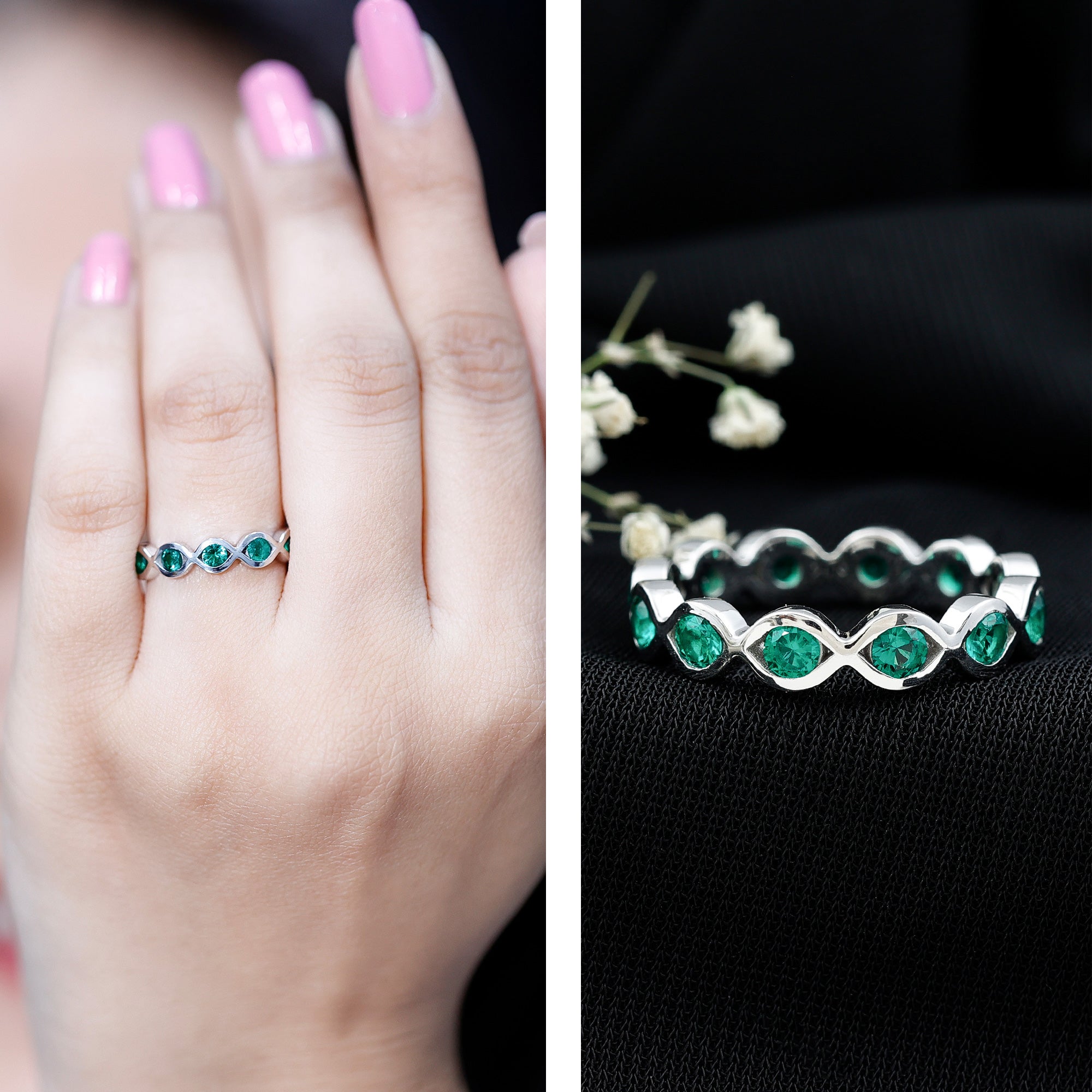 Certified Lab Grown Emerald Infinity Twisted Eternity Ring AAAA - Rosec Jewels