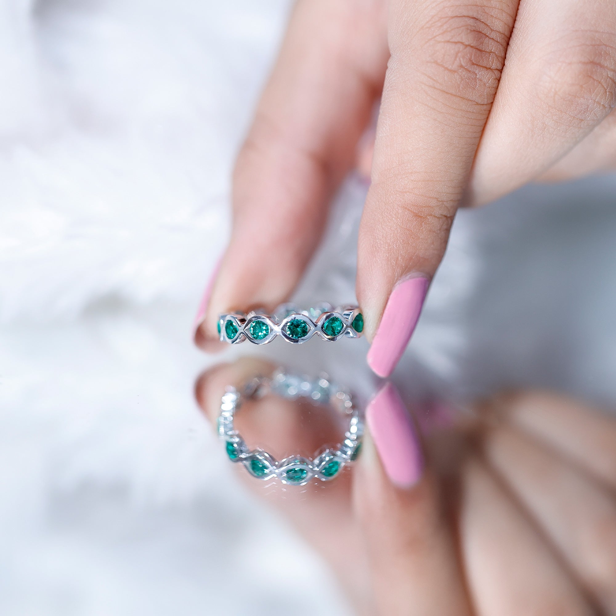 Certified Lab Grown Emerald Infinity Twisted Eternity Ring AAAA - Rosec Jewels