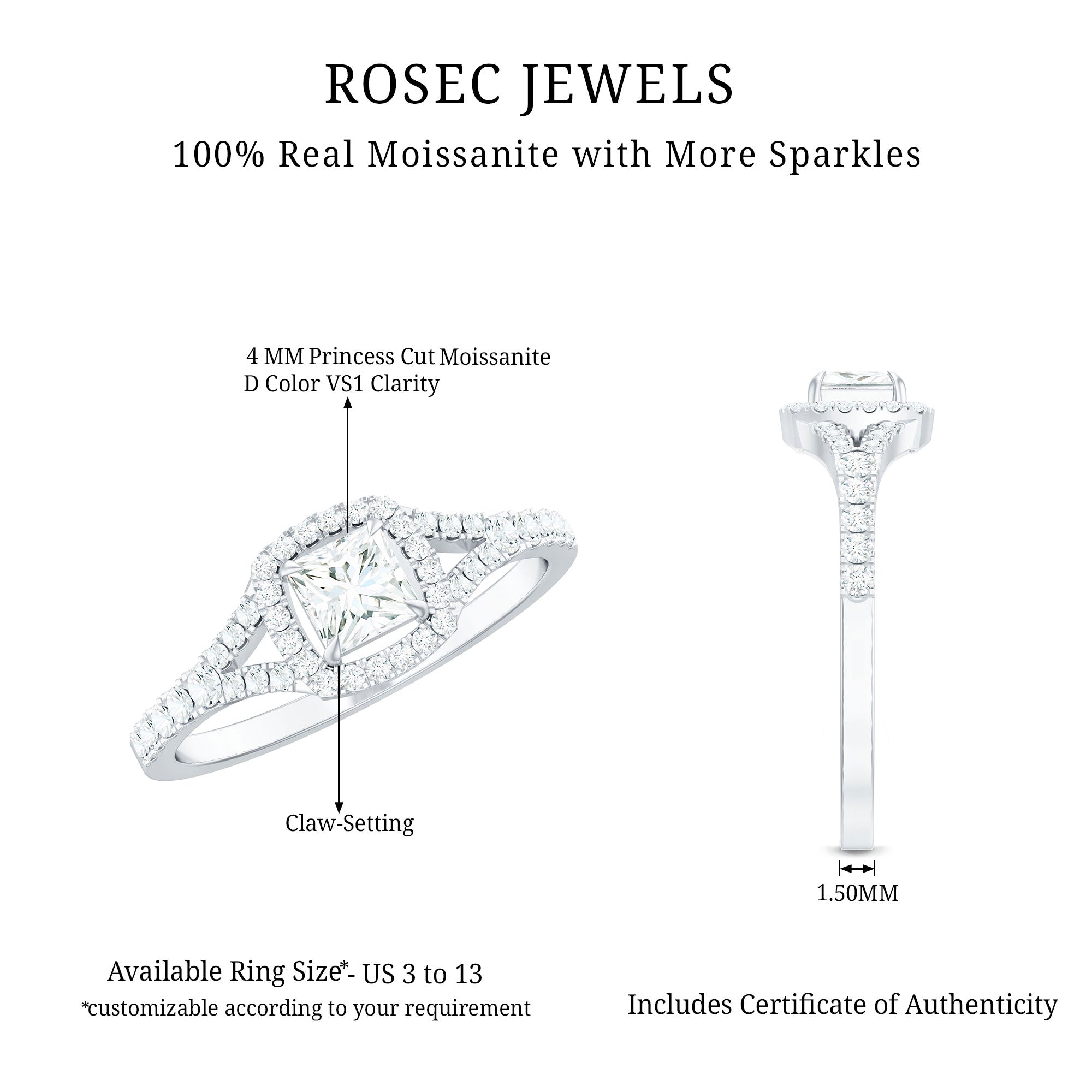 Rosec Jewels-Princess Cut Moissanite Halo Engagement Ring with Split Shank