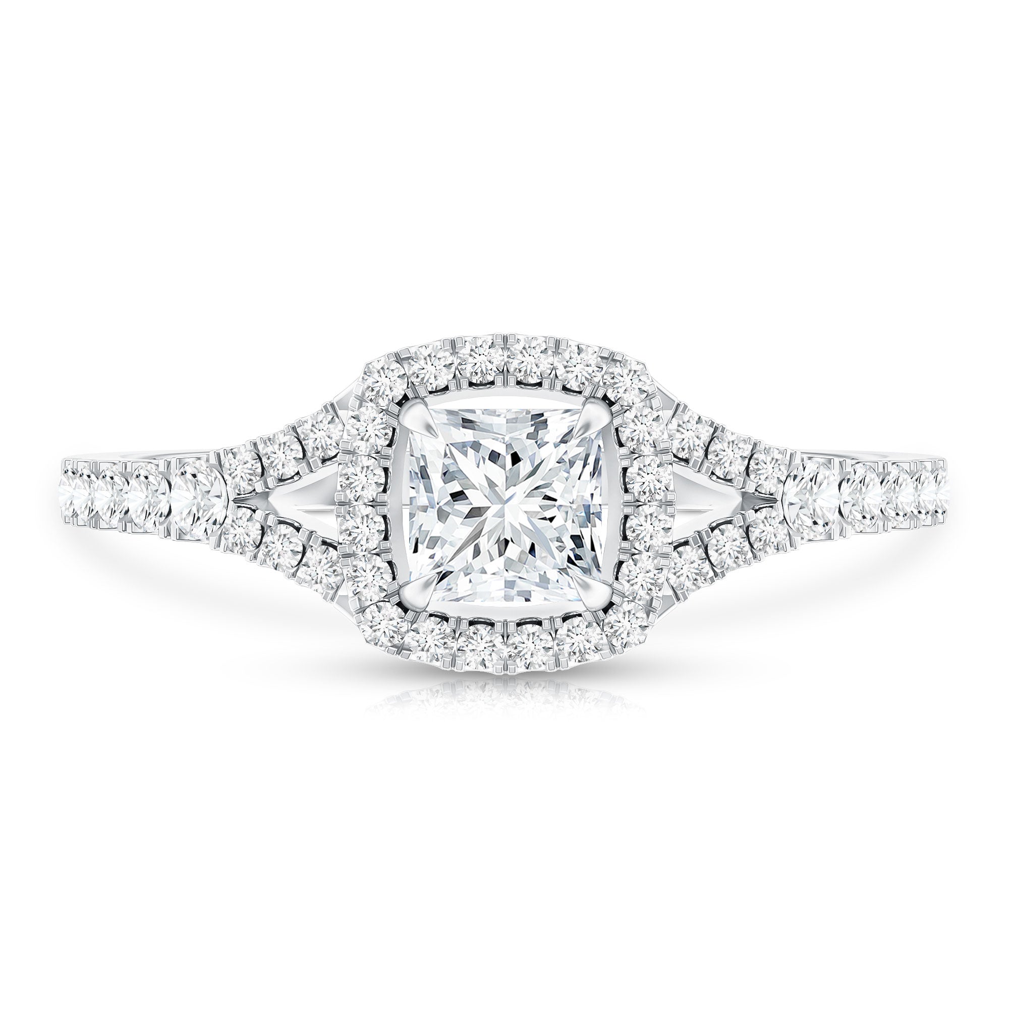 Princess Cut Moissanite Halo Engagement Ring with Split Shank D-VS1 - Rosec Jewels
