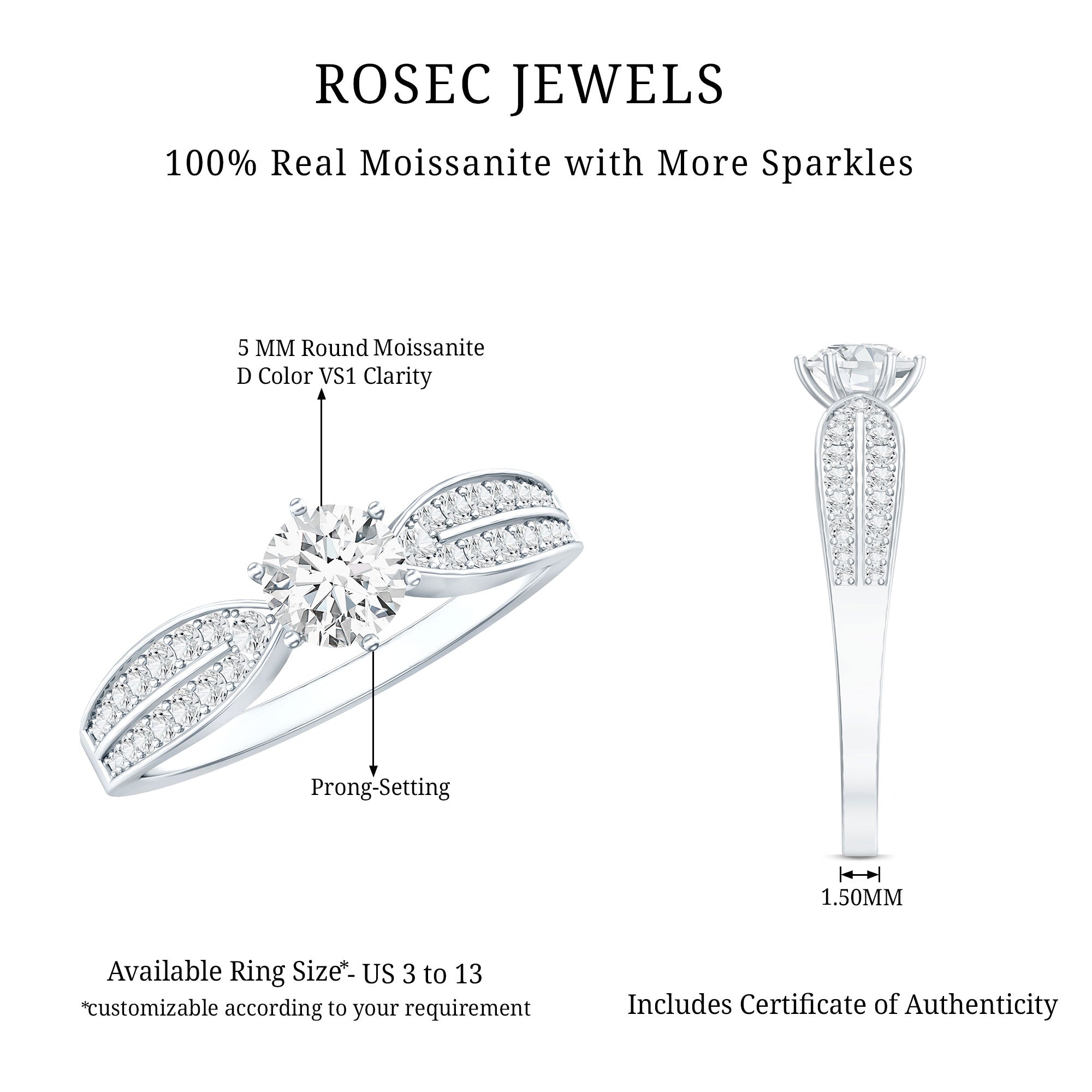 Elegant Round Moissanite Engagement Ring with Side Stones D-VS1 - Rosec Jewels