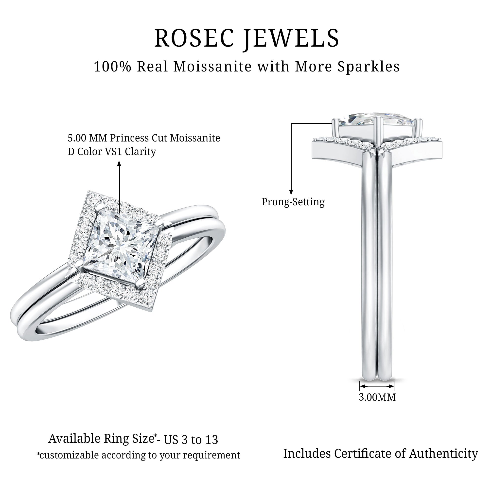 Certified Moissanite Princess Cut Wedding Ring Set for Women D-VS1 - Rosec Jewels